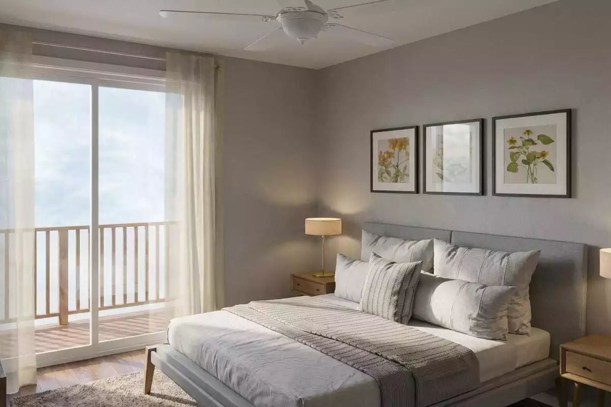 Soft Gray Walls, Botanical Prints, and a Balcony That Earns the View