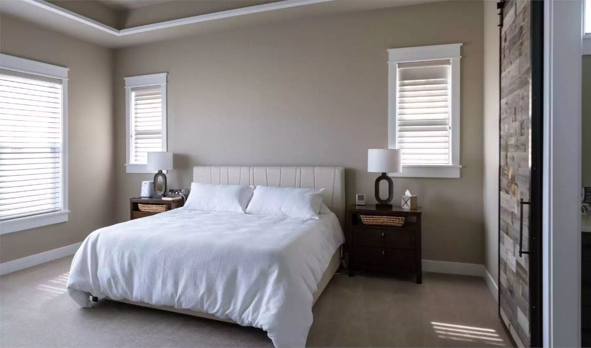 Warm Greige Walls and Plantation Shutters That Don't Need Curtains