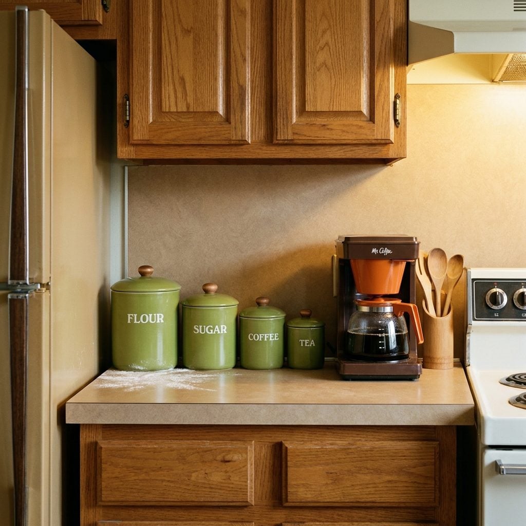 The Avocado Green Canister Set Labeled FLOUR, SUGAR, COFFEE, TEA