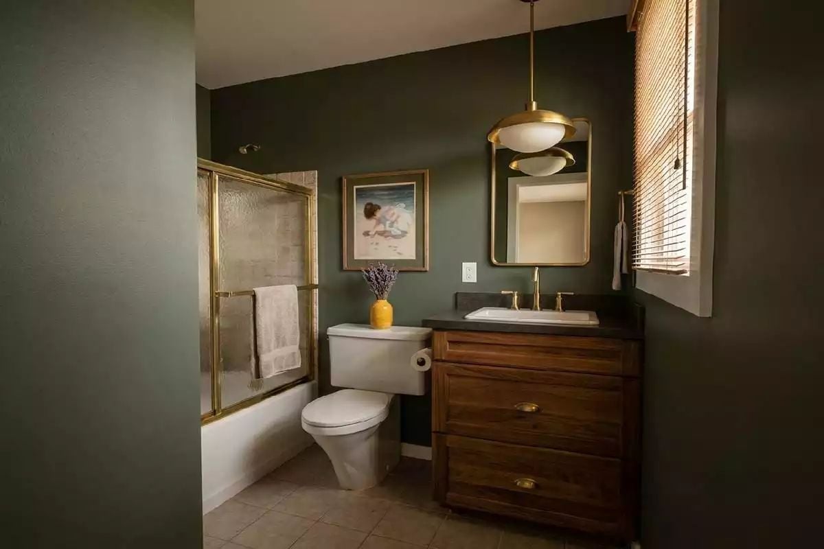 Forest Green Walls and Brass Fixtures Give This Bathroom Real Personality