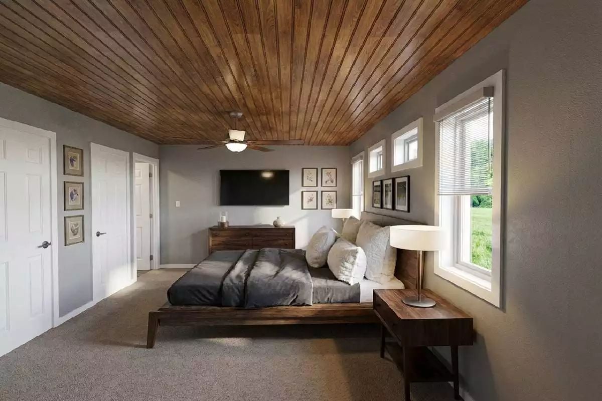 Wood Ceiling, Platform Bed, Gray Walls — Rustic Without Trying Too Hard