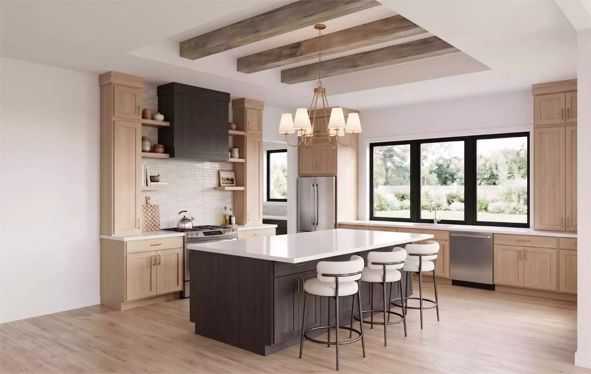 Dark Island Base, Weathered Ceiling Beams, and Barstools Worth Lingering Over