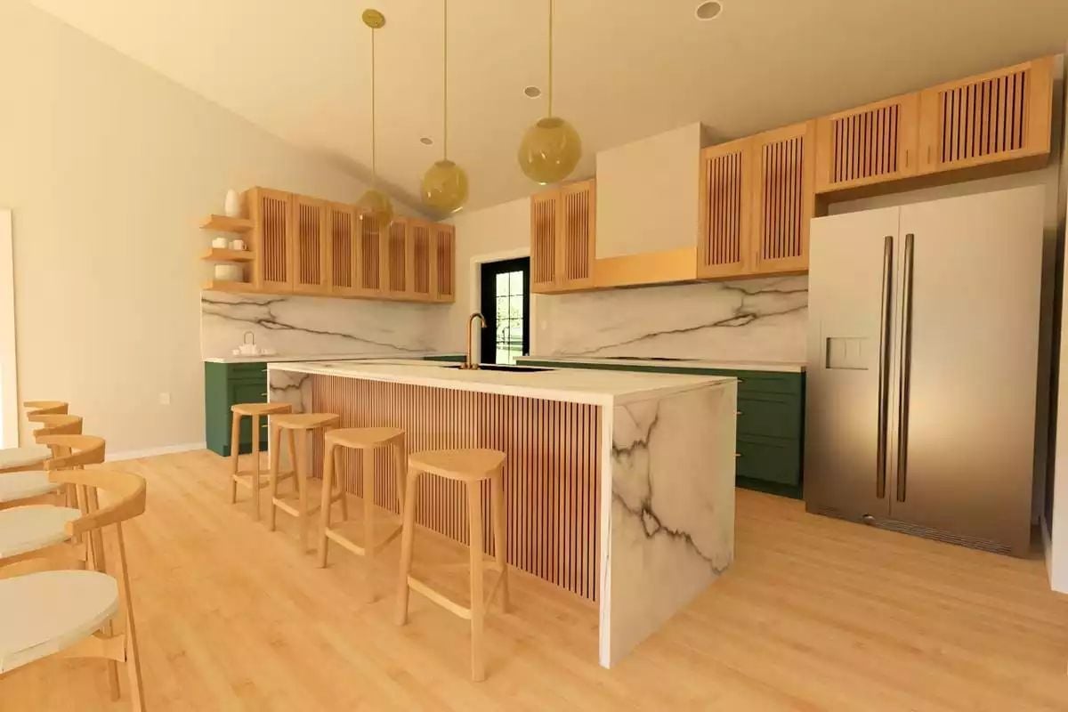Fluted Wood, Marble Waterfall Edge, and Green Cabinets That Hold Their Own