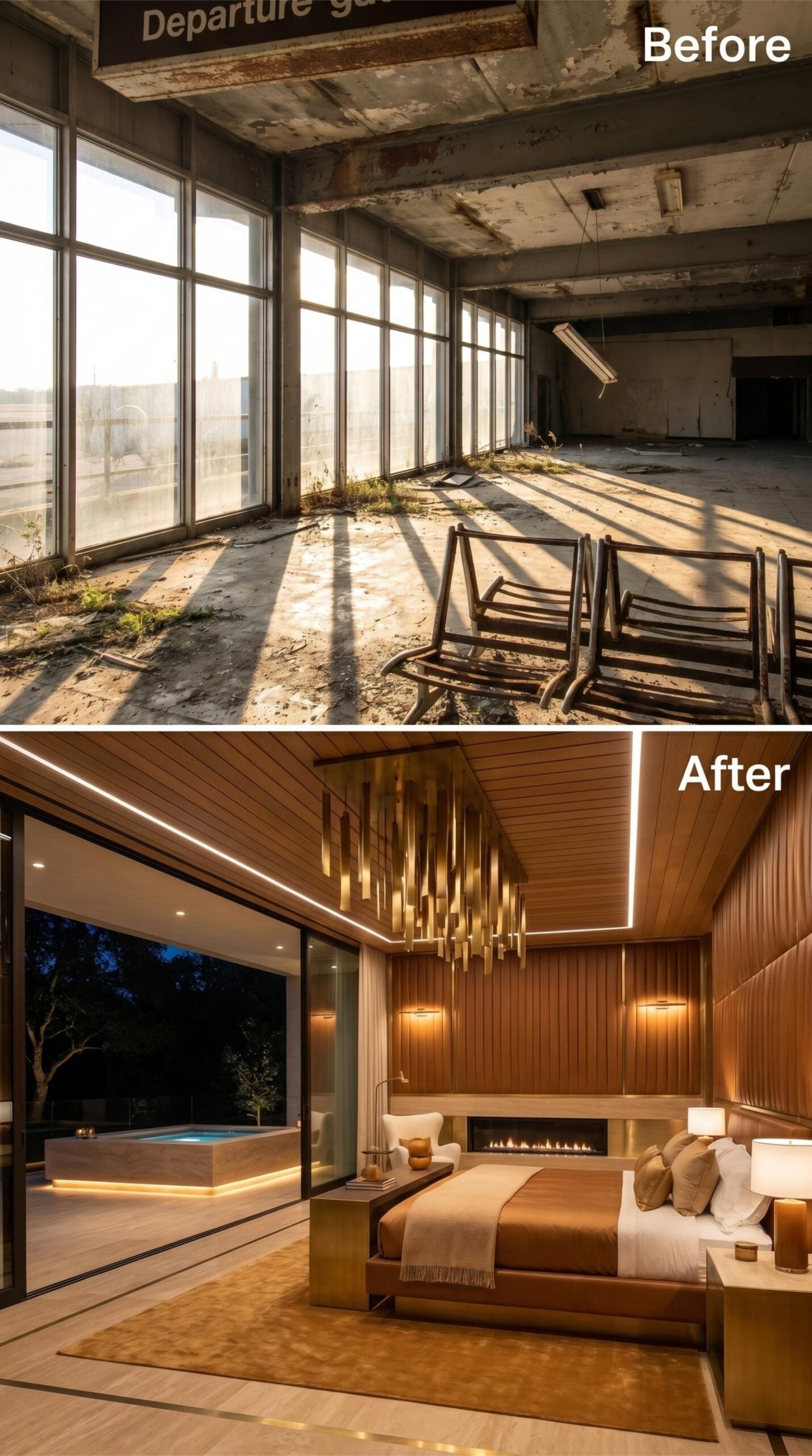 A Brass Rod Chandelier Draws the Eye Through the Wood-Lined Suite
