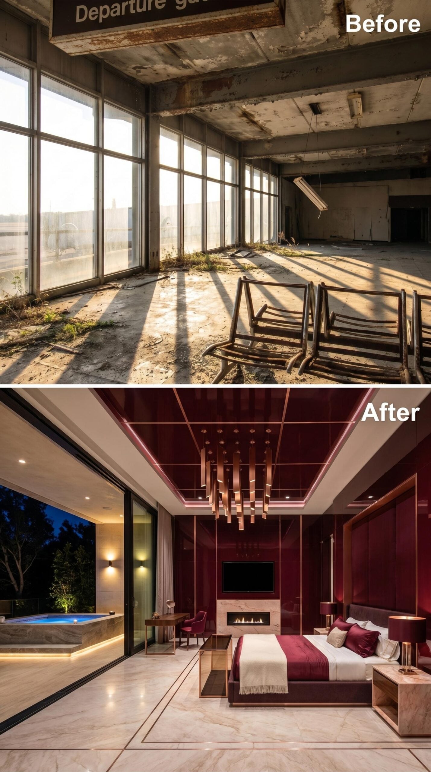 Burgundy Coffers and Copper Rods Turn the Suite Toward the Pool