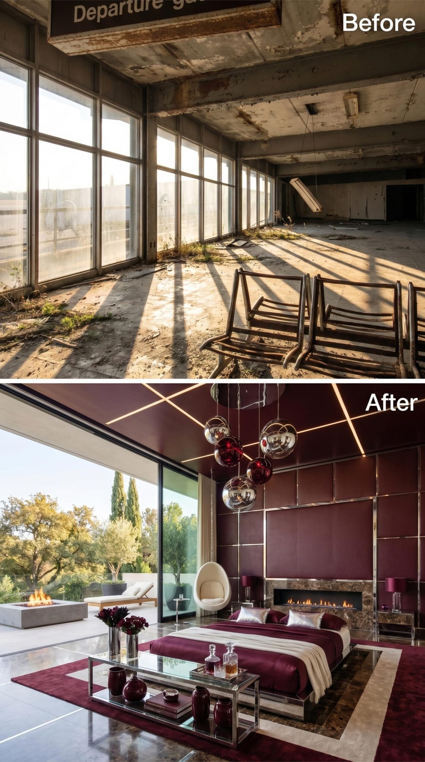 Burgundy Lacquer Gives the Gate Room a Formal, Reflective Finish