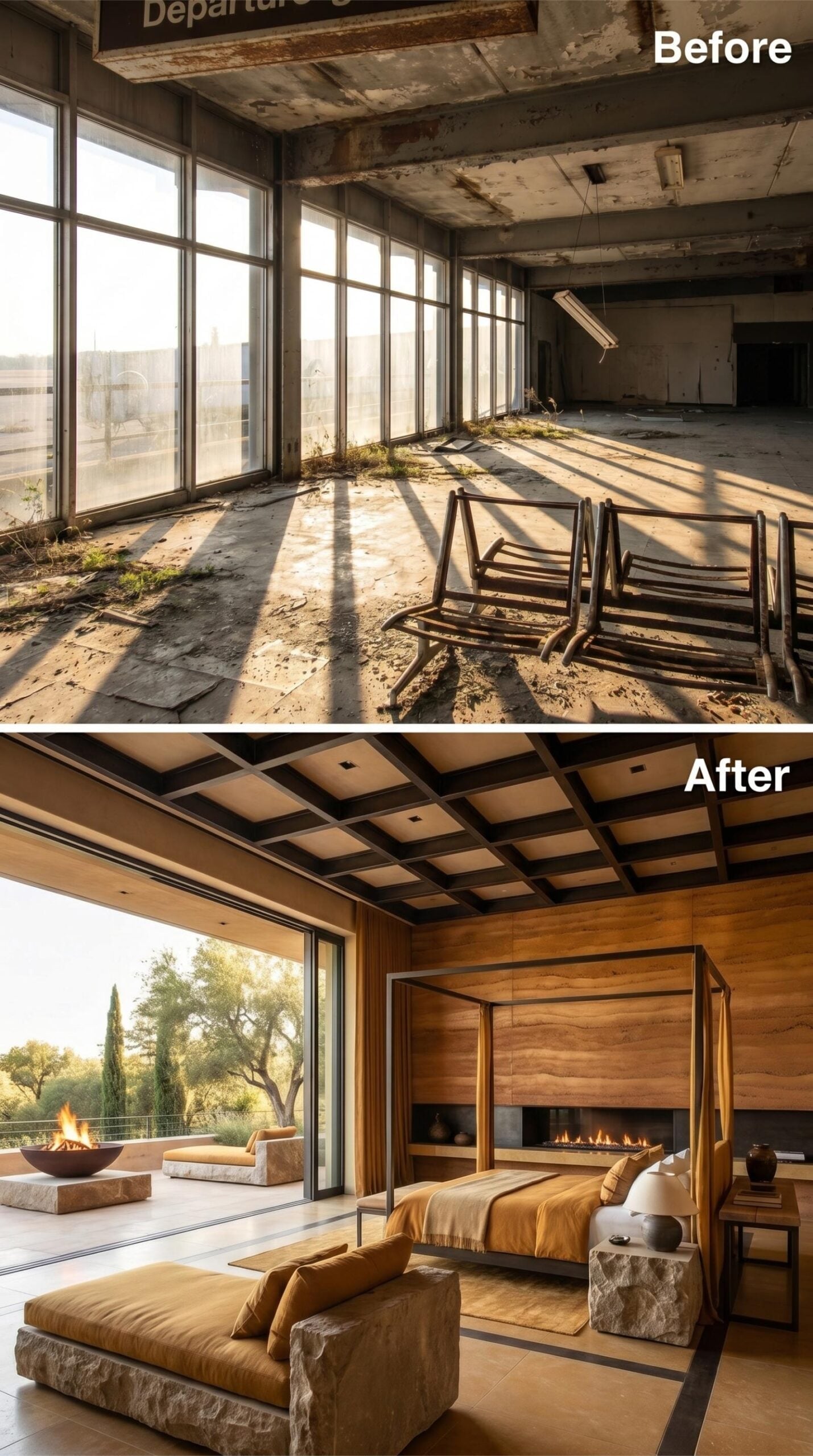 Coffered Wood and Stone Furniture Break Down the Room’s Vastness
