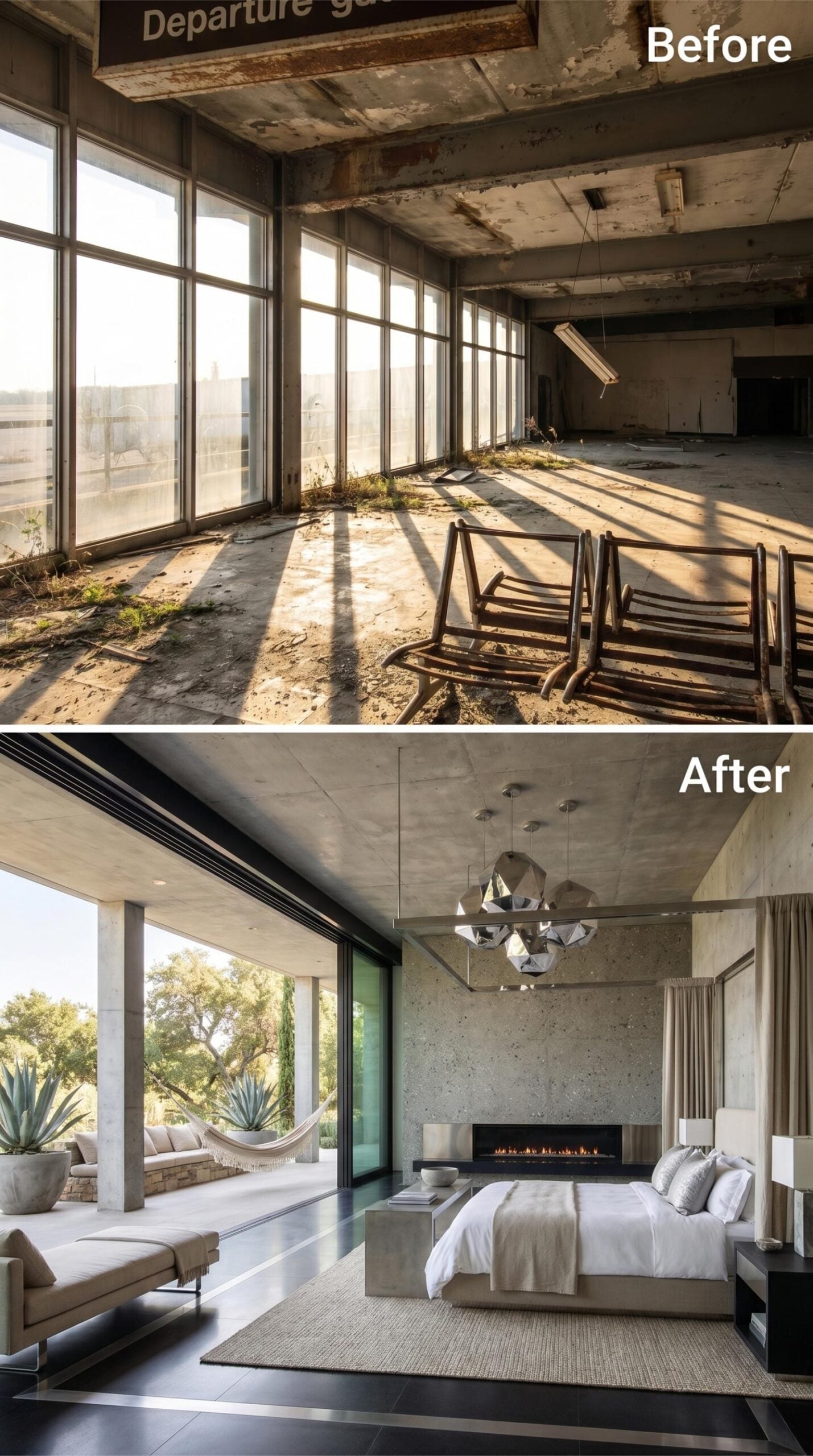 Concrete Walls and a Faceted Chandelier Preserve the Industrial Character