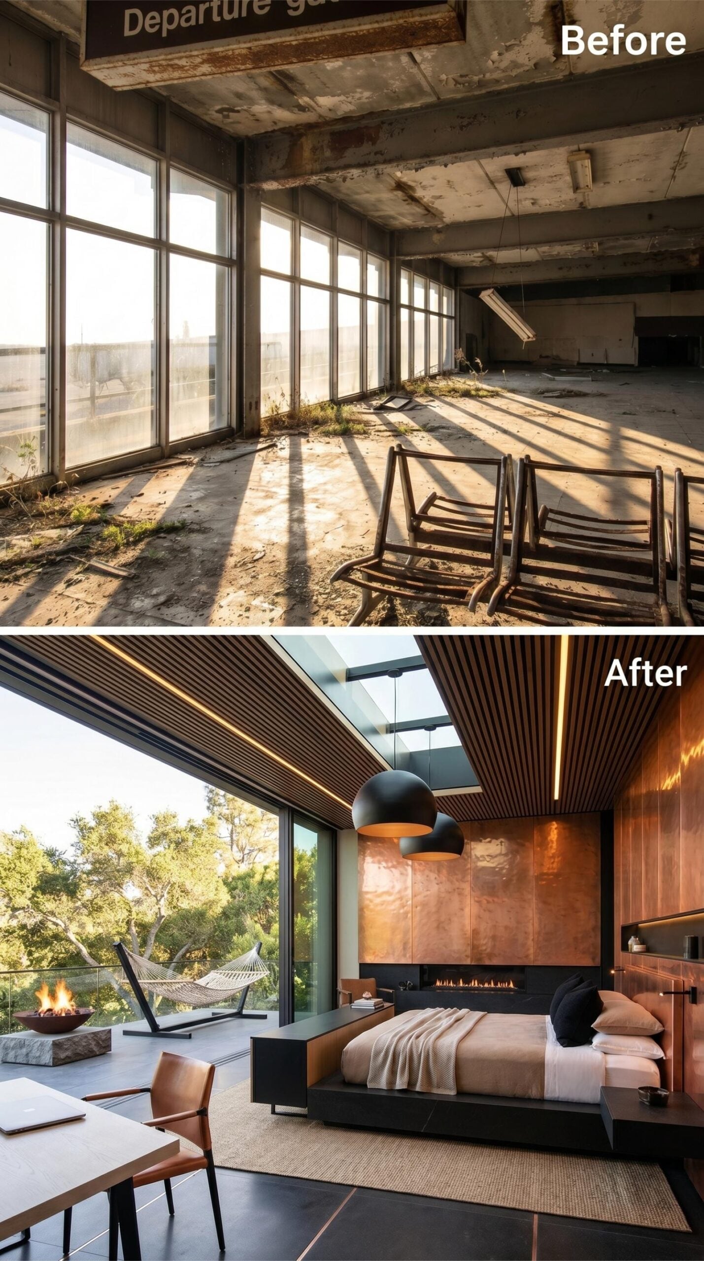 Copper Wall Panels and a Linear Fireplace Transform the Departure Gate