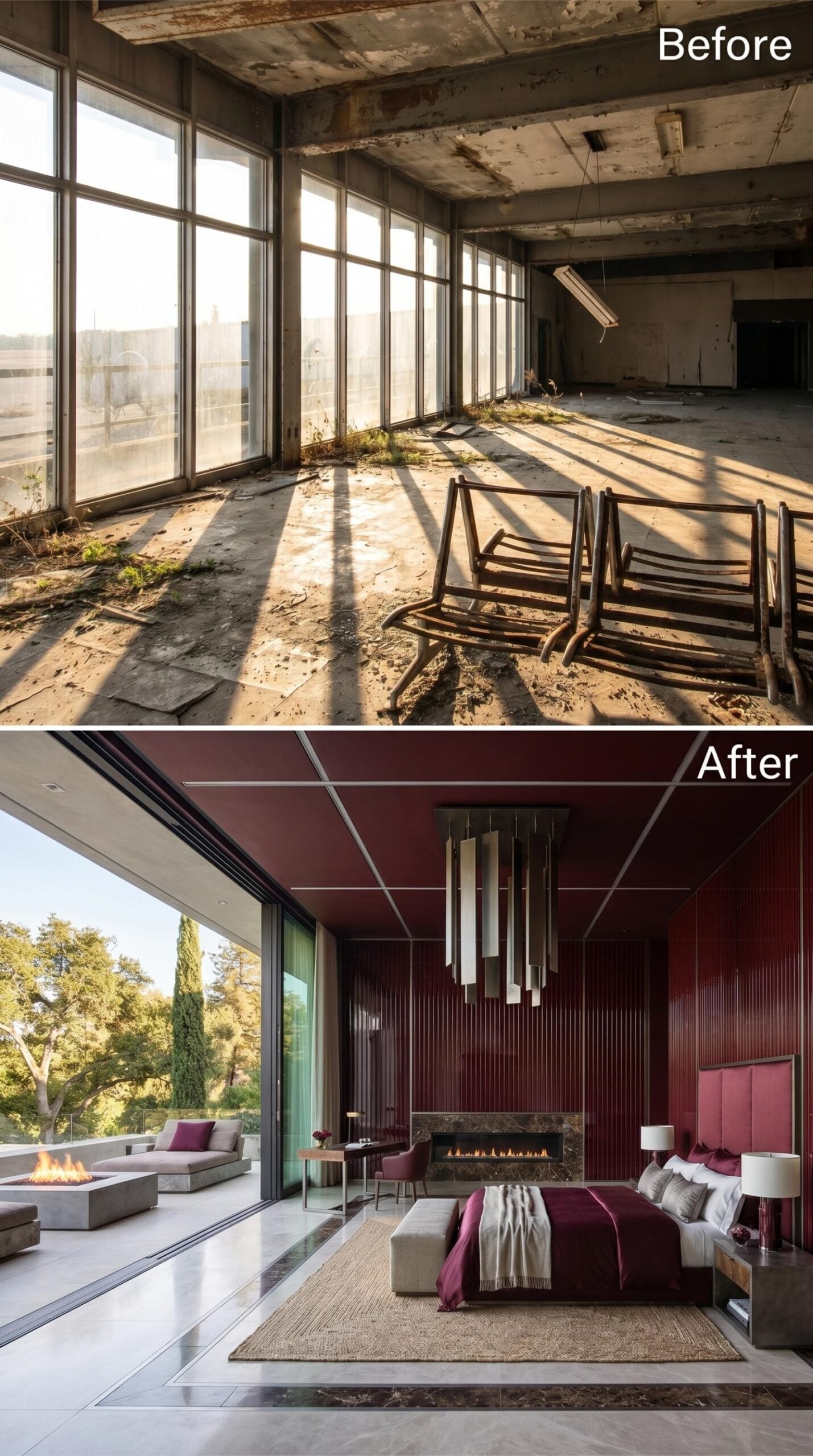 Crimson Fluting Continues Across the Ceiling to Enclose the Room