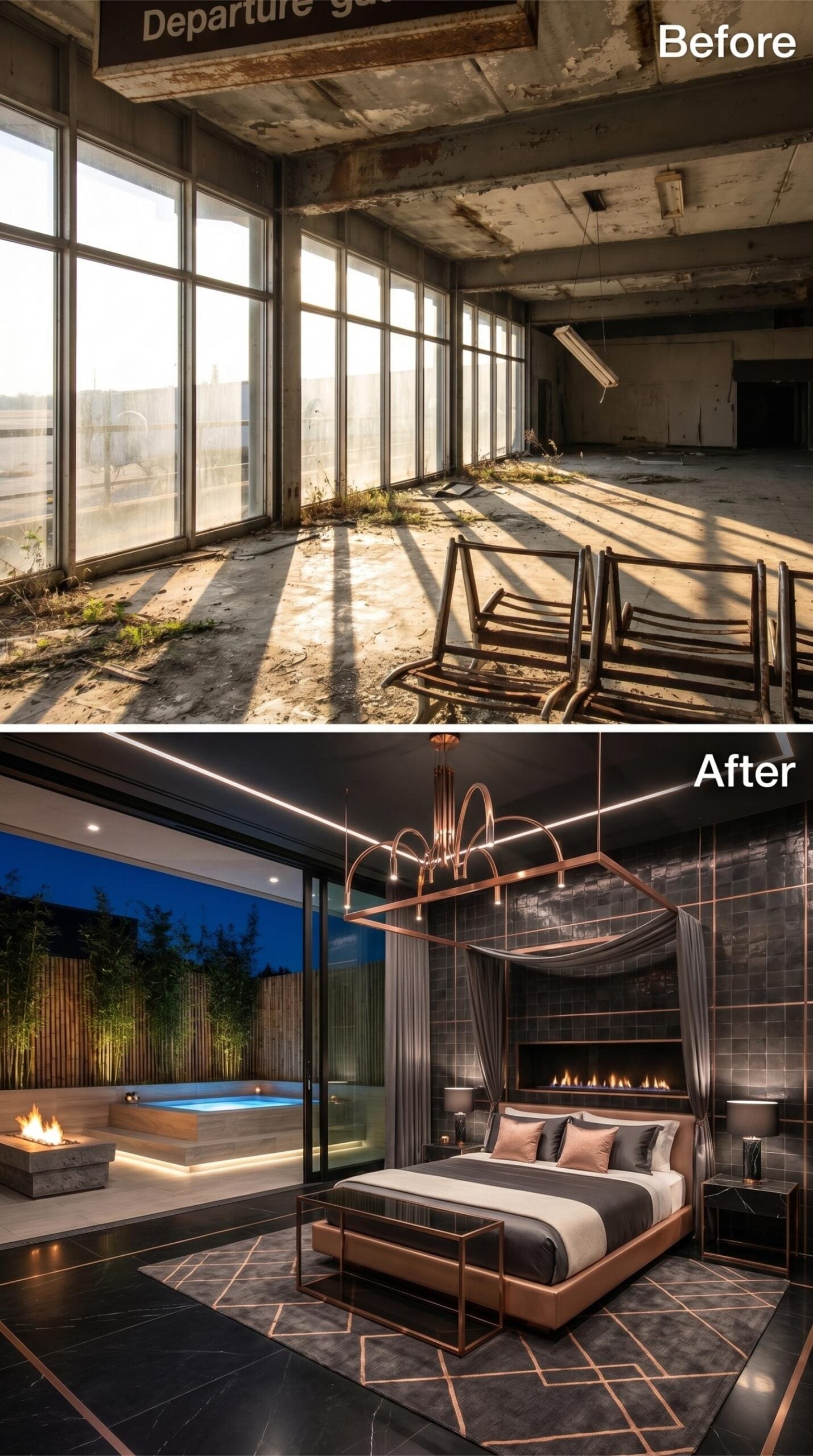 Rose-Gold Steel Warms a Bedroom Wrapped in Charcoal Tile