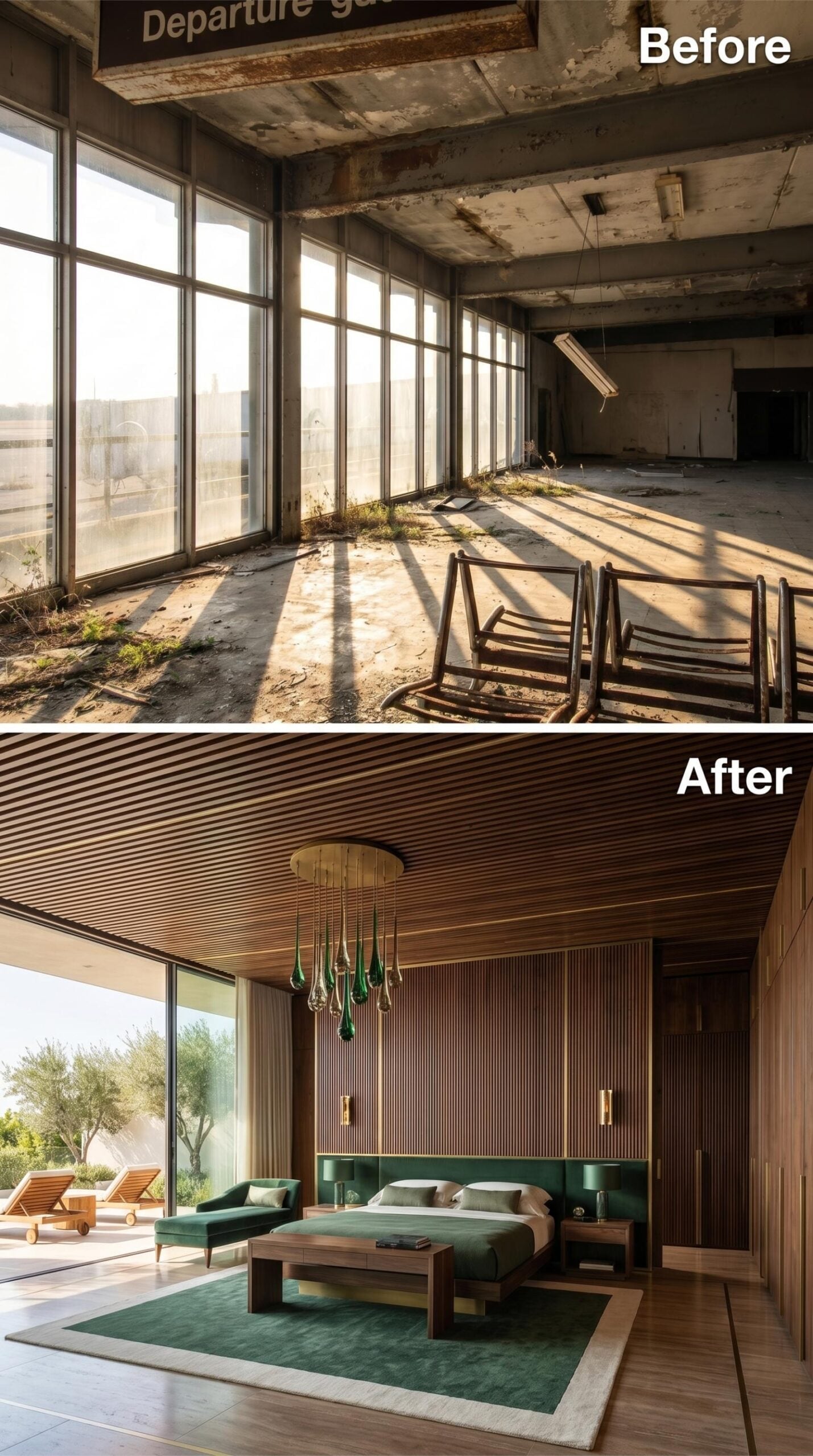Fluted Wood and Emerald Glass Warm the Former Waiting Area