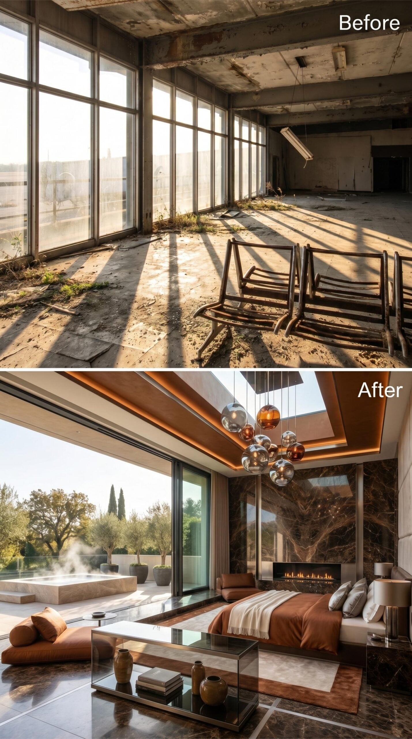Brown Marble and Low Globe Pendants Make the Terminal Feel Intimate