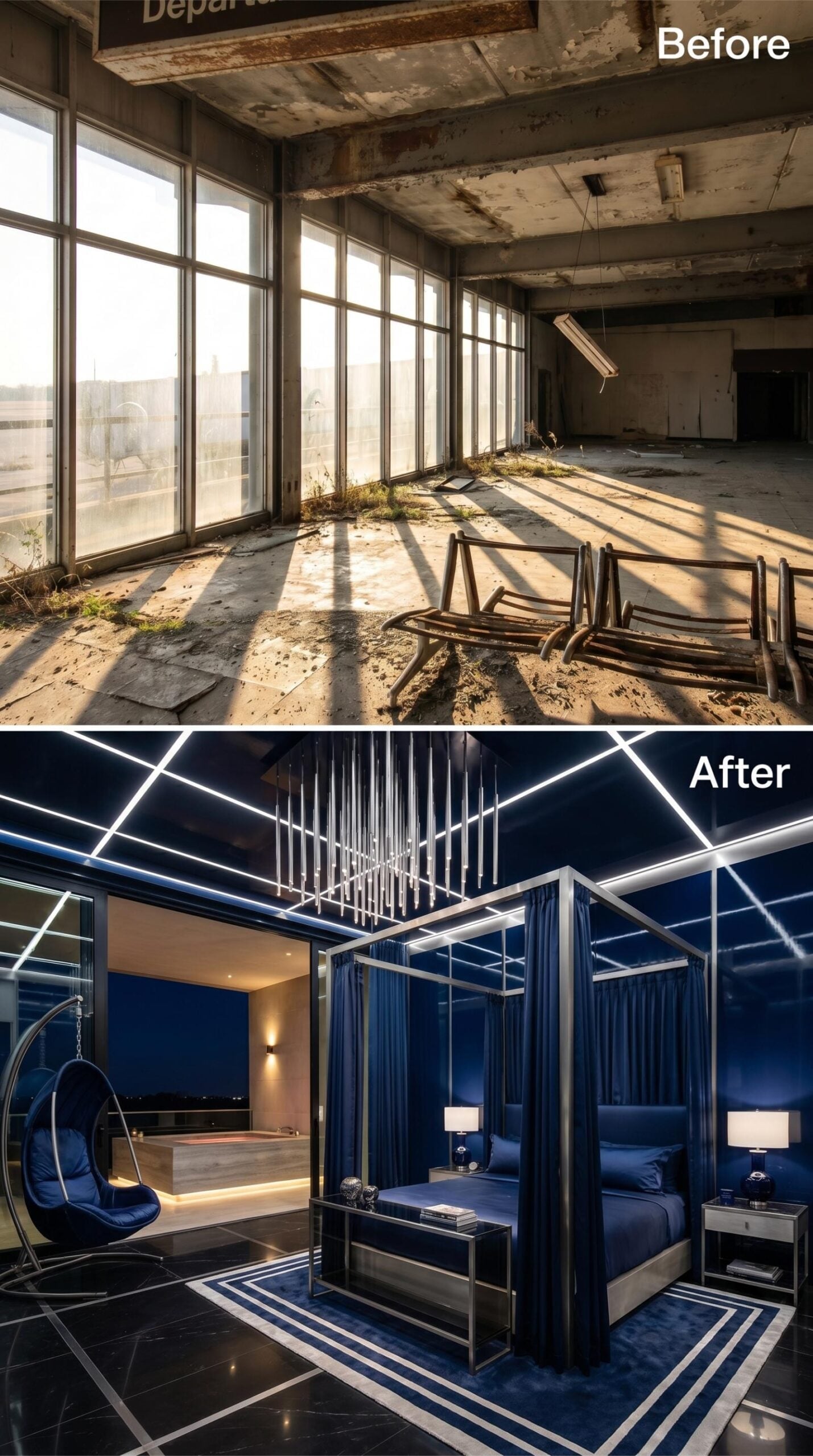 A Chrome Canopy and Linear Ceiling Lights Sharpen the Navy Suite