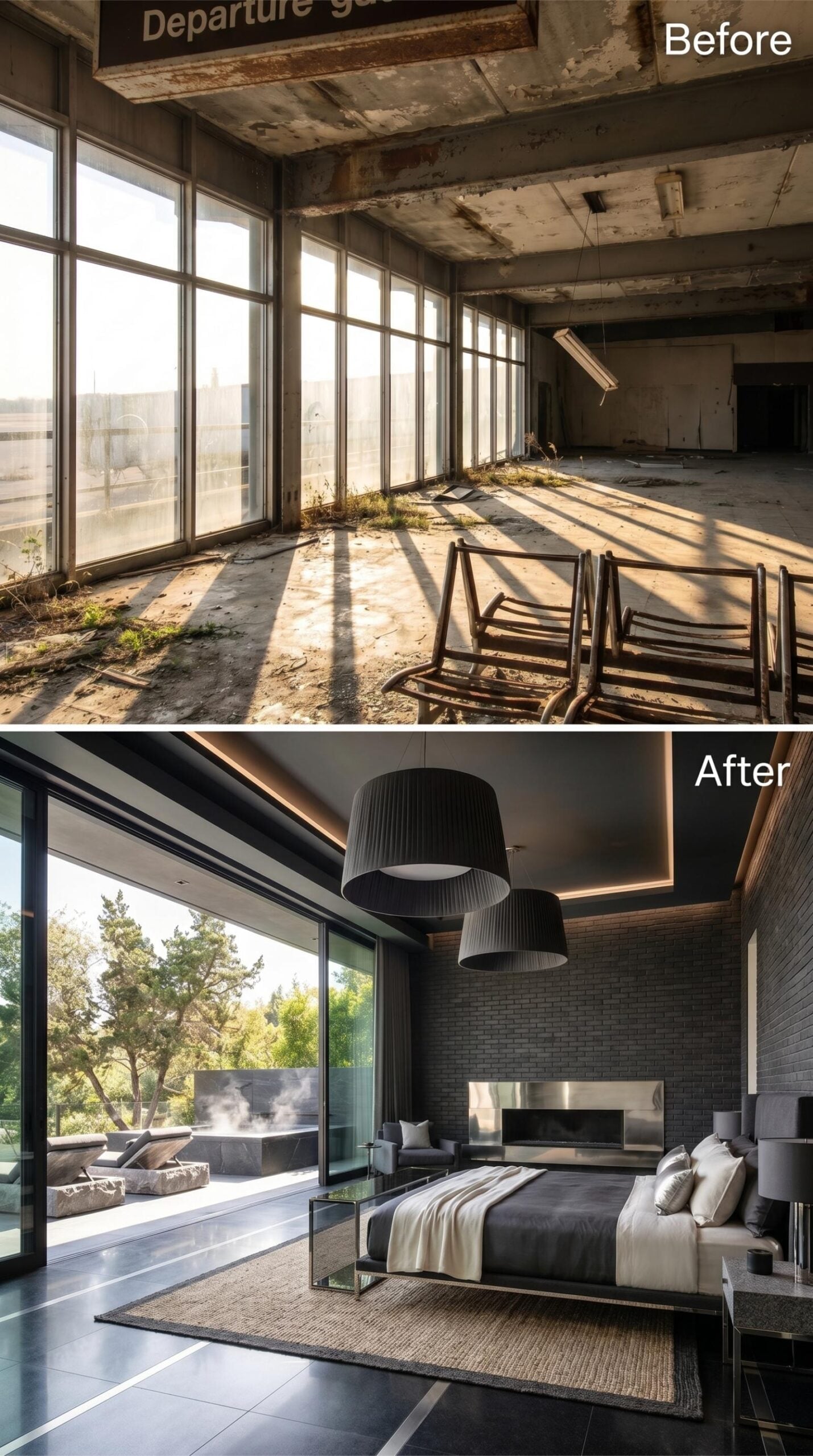 Painted Brick and Oversized Shades Give the Room Visual Weight