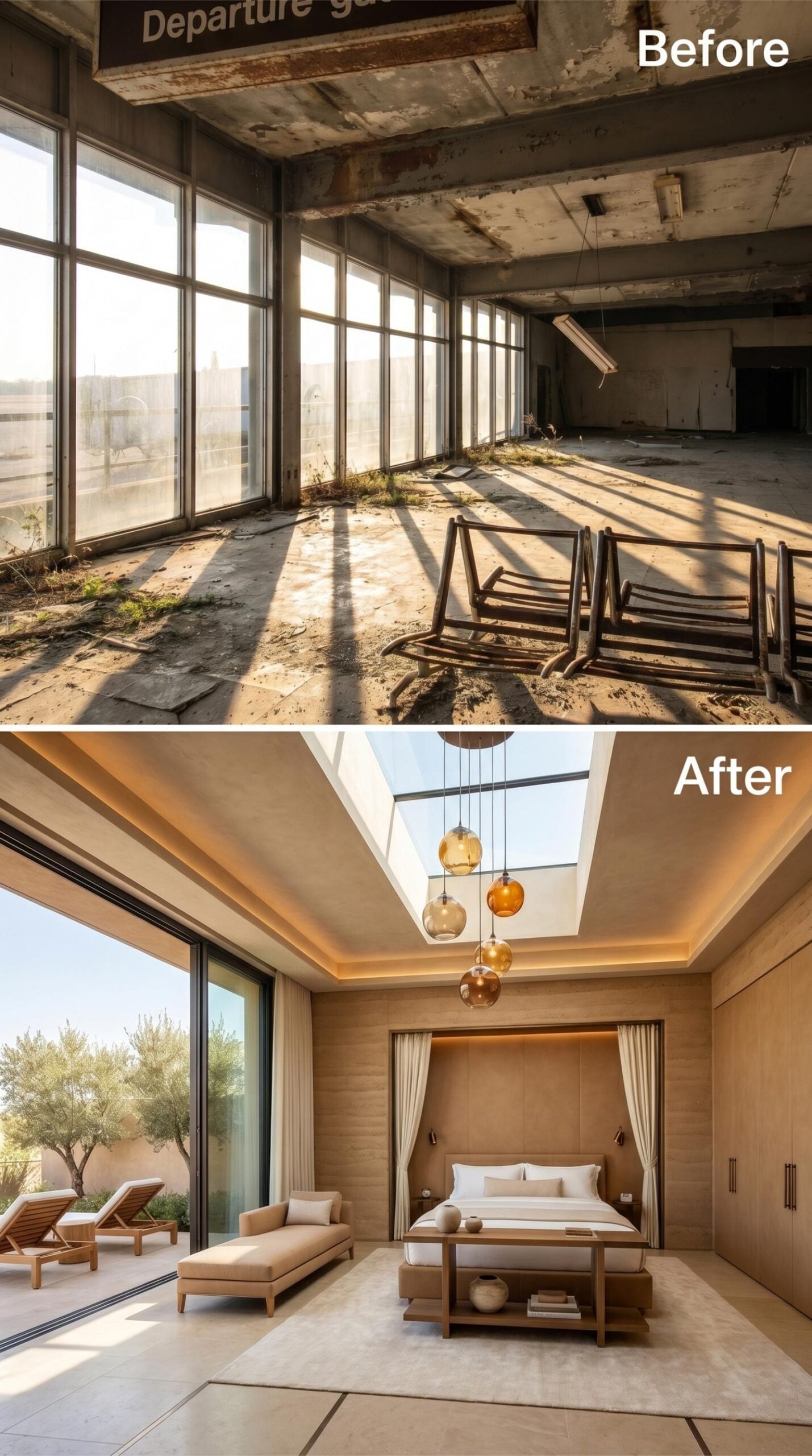Sand-Colored Walls and Amber Pendants Soften the Departure Hall