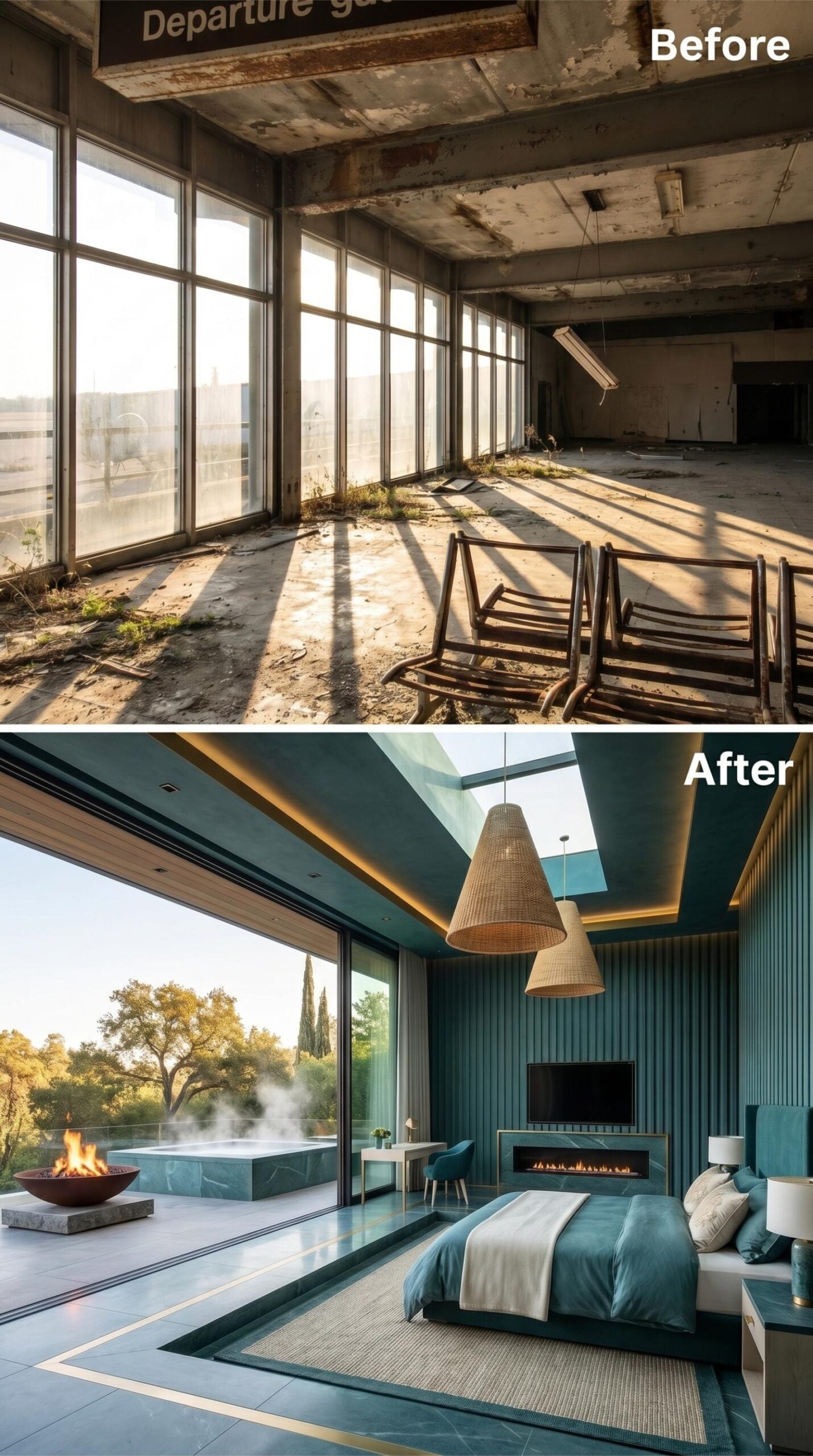 Teal Slats and Woven Lighting Soften the Former Gate
