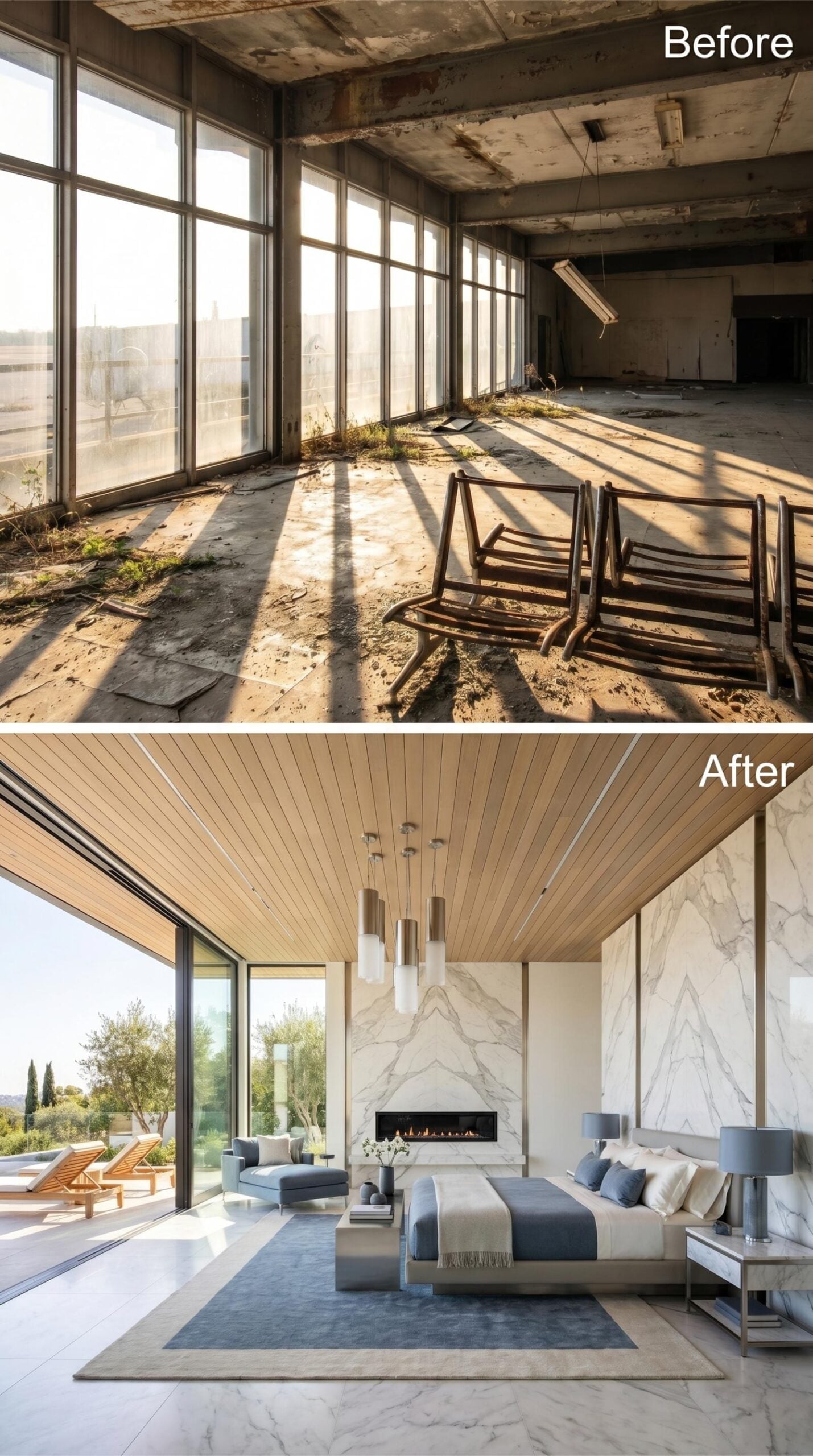 A Marble Fireplace Wall Gives the Pale Wood Suite a Strong Center