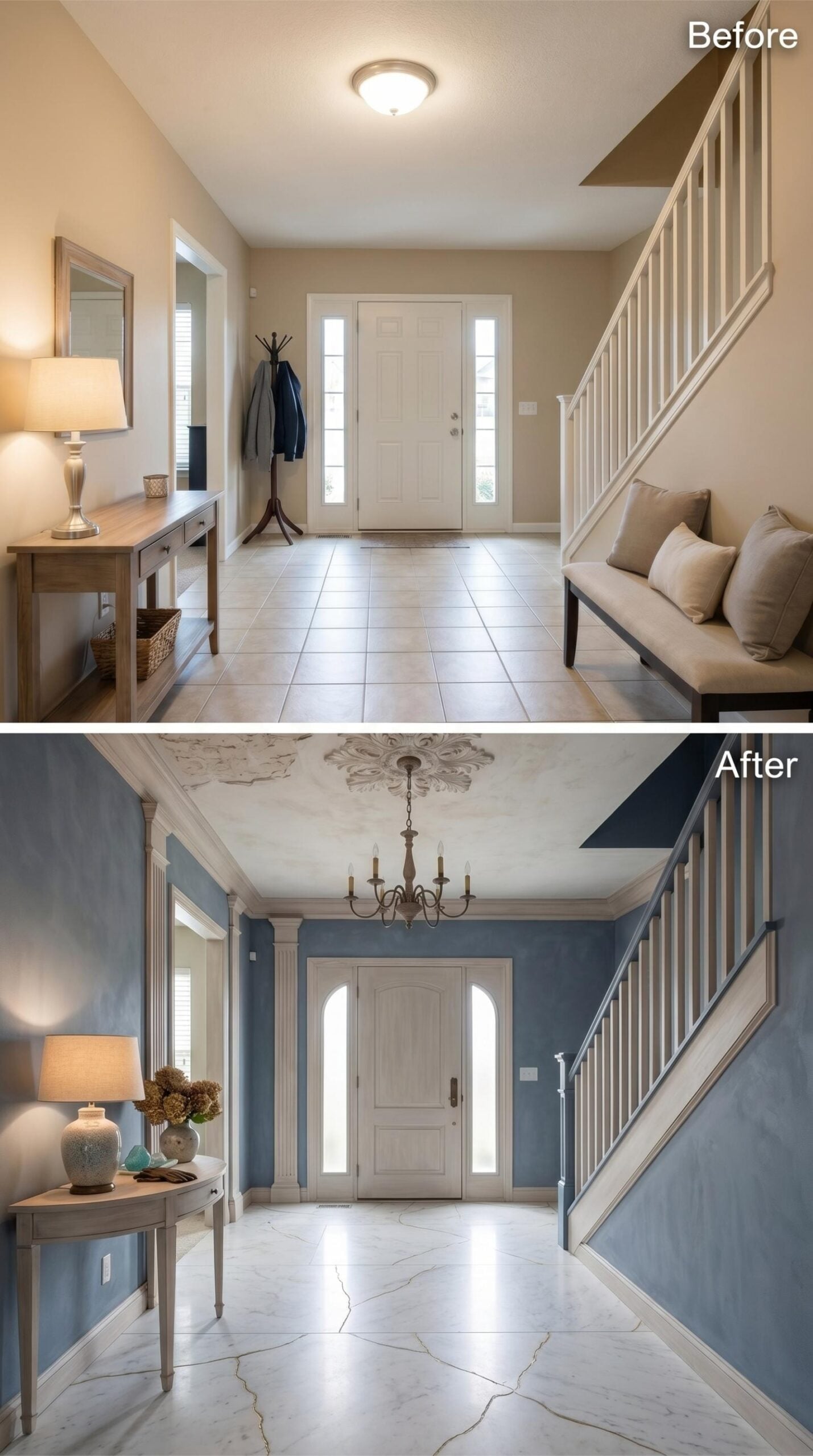 Blue Venetian Plaster, Decorative Columns, and a Ceiling Medallion That Earns the Chandelier