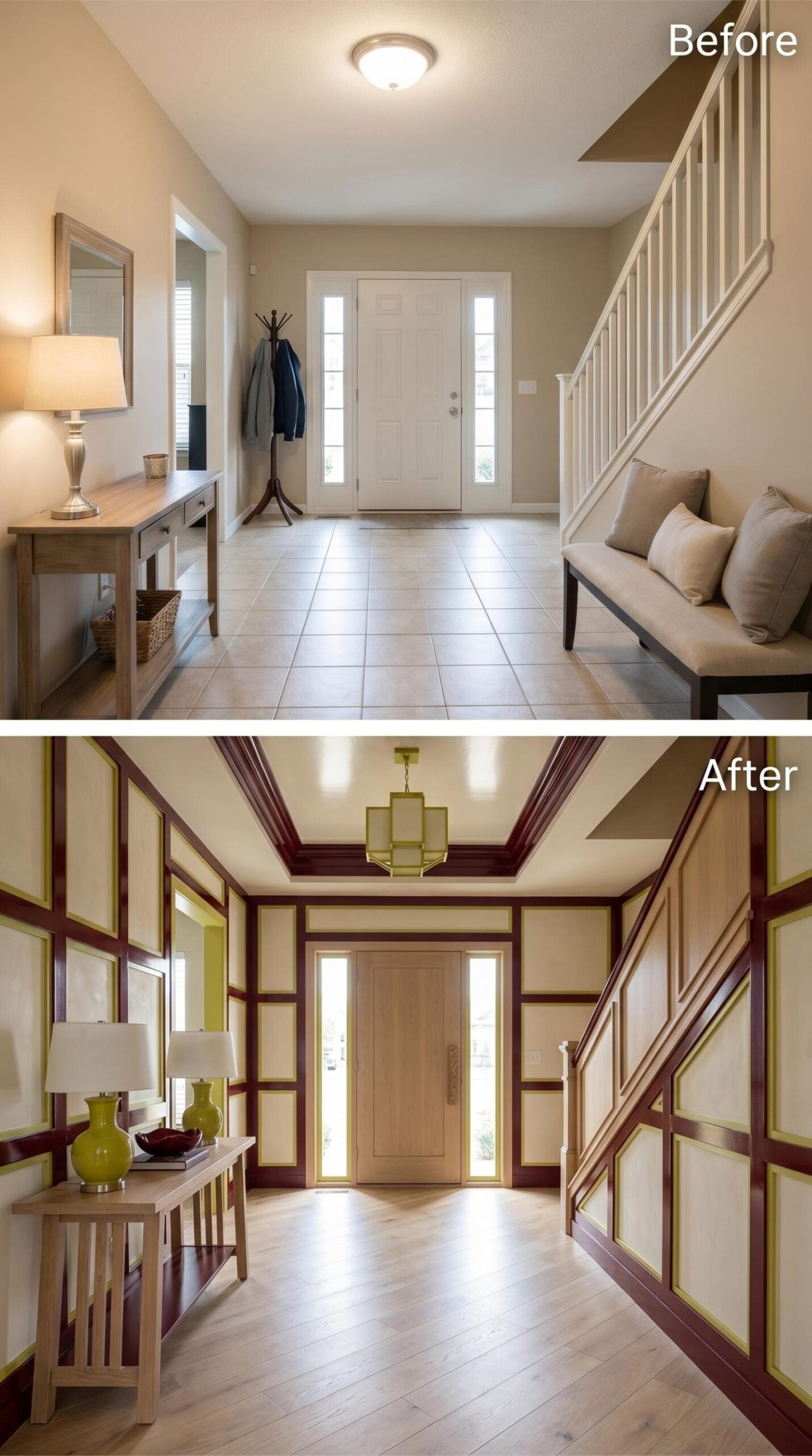 Burgundy Grid Molding, Chartreuse Accents, and a Herringbone Floor That Rewrites the Entry