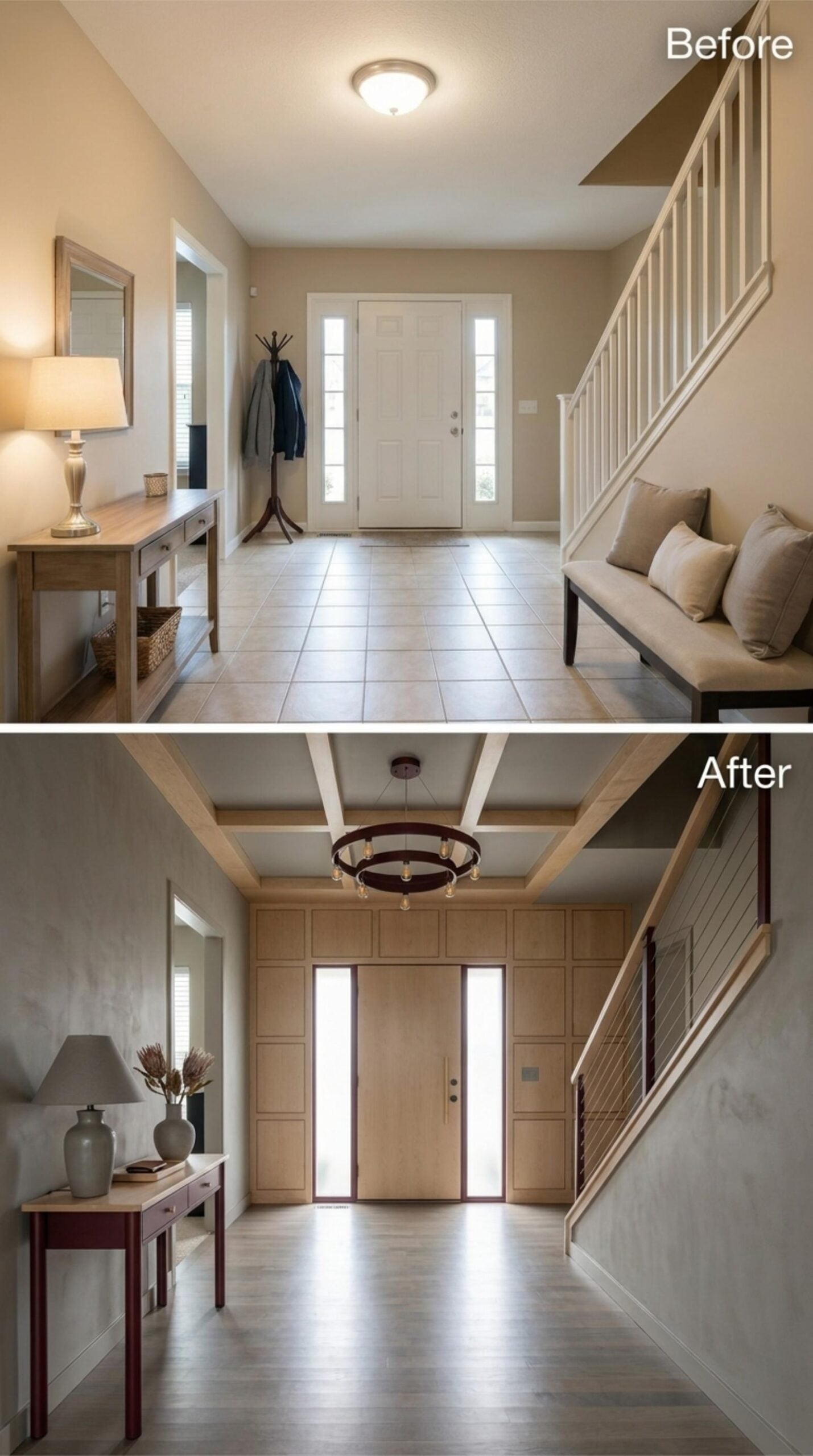 Coffered Ceiling, Cable Railing, and Venetian Plaster That Does the Heavy Lifting