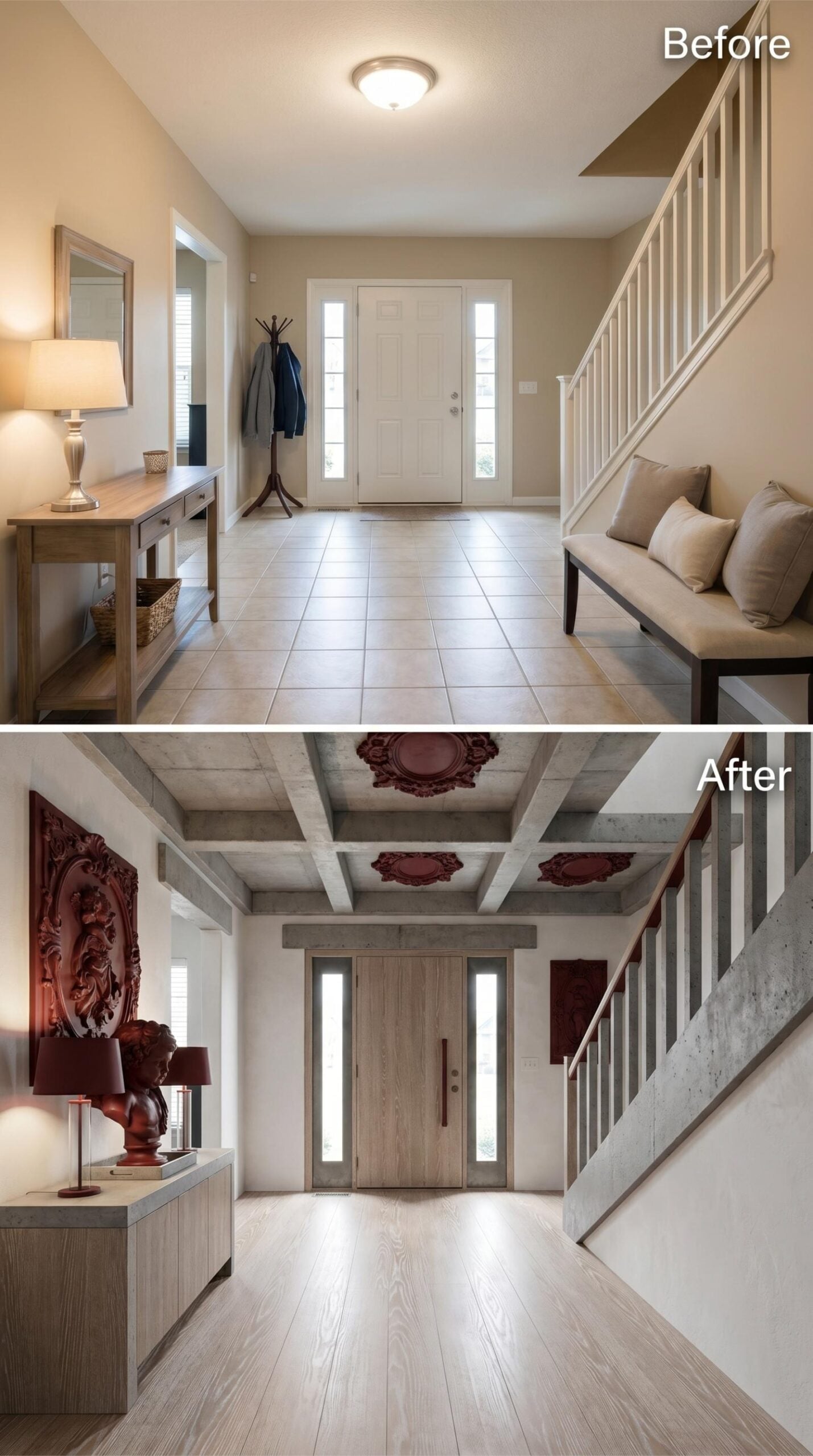 Coffered Concrete Ceiling, Baroque Medallions, and Burgundy That Means Business