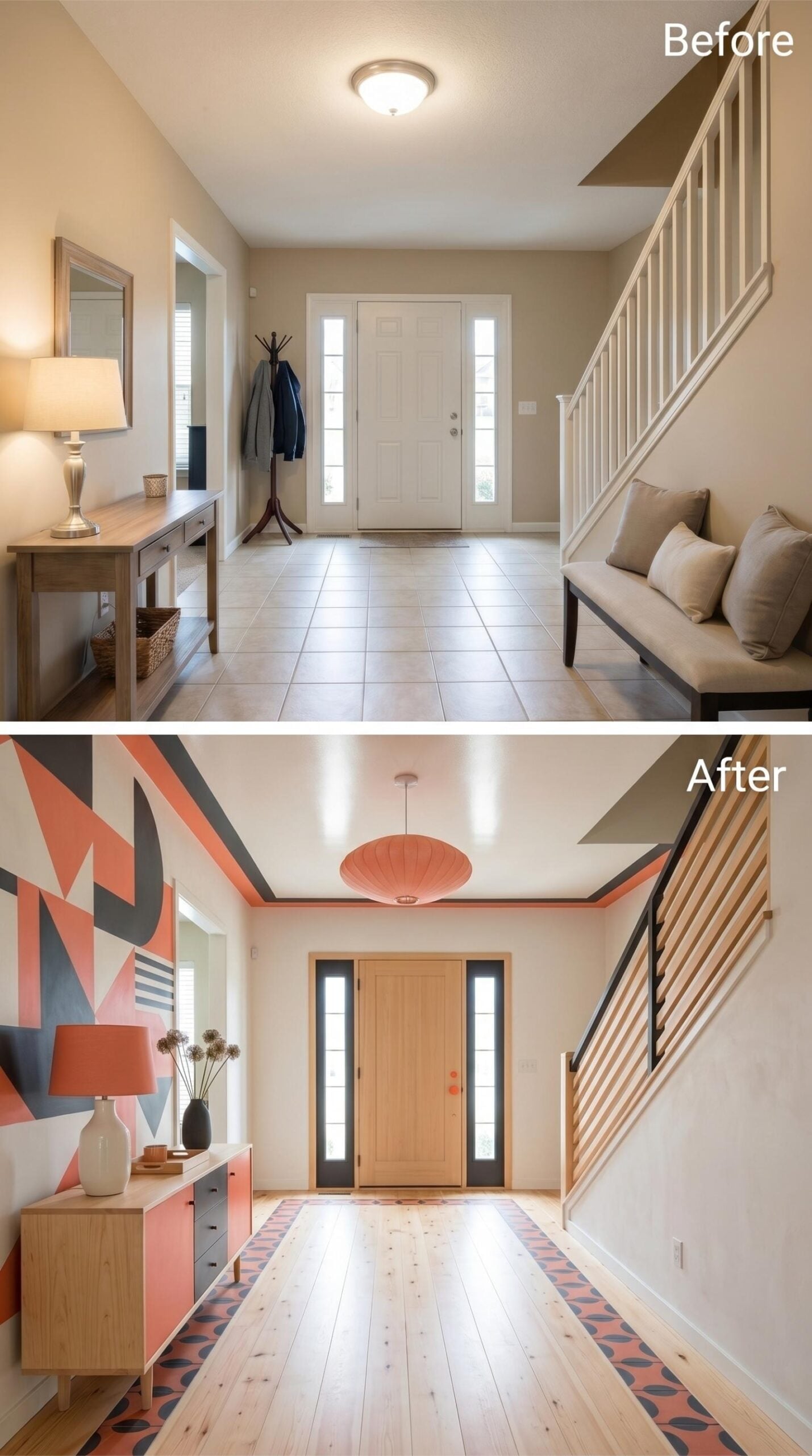 Geometric Mural Wall, Salmon Pendant, and Hardwood That Finally Belongs Here