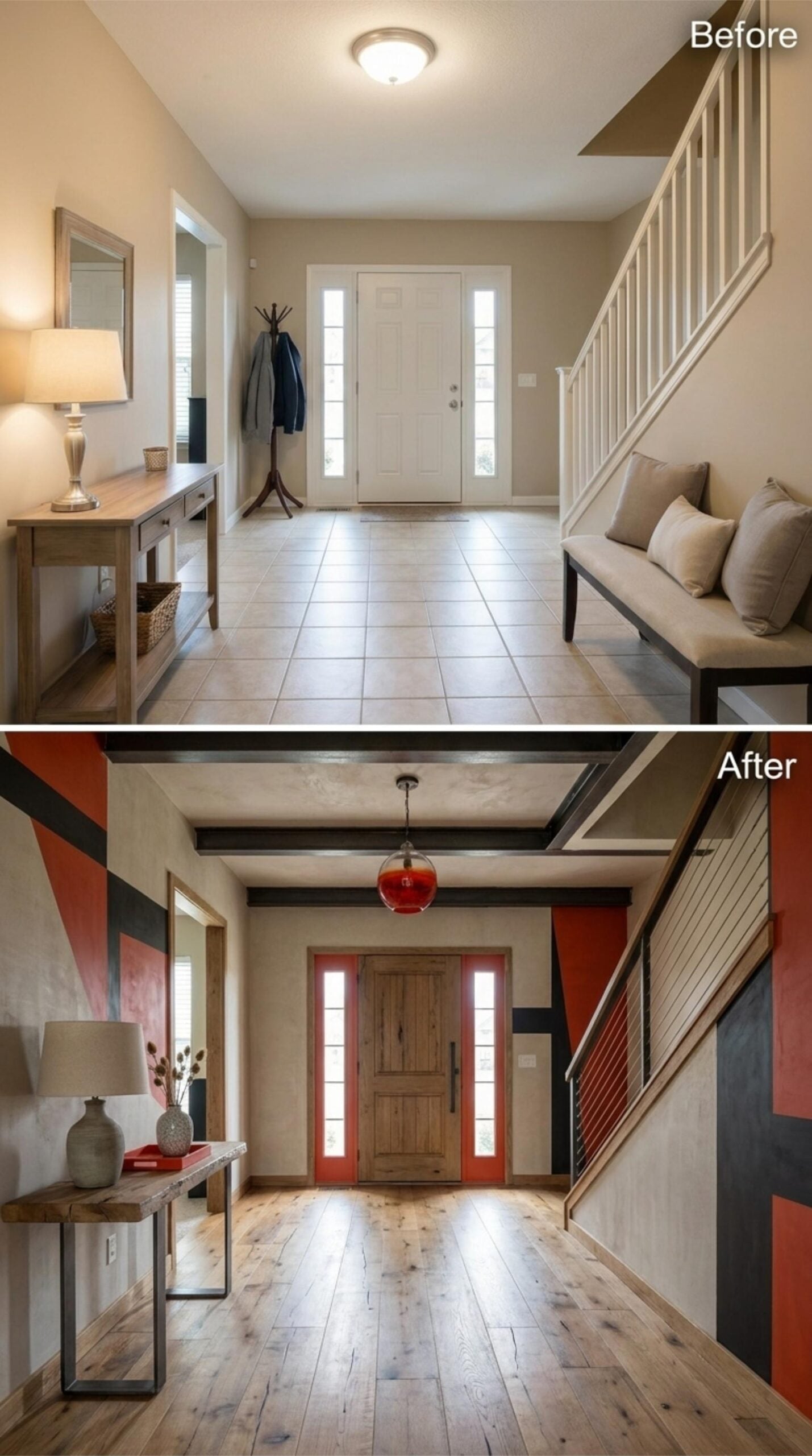 Geometric Wall Mural, Red Pendant, and a Wood Door That Finally Earns Its Place