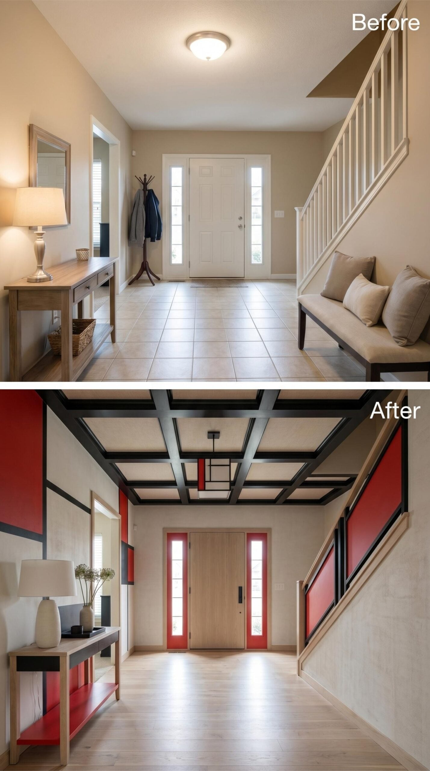Mondrian-Inspired Ceiling Beams, Red Panel Accents, and a Door That Finally Has a Point of View
