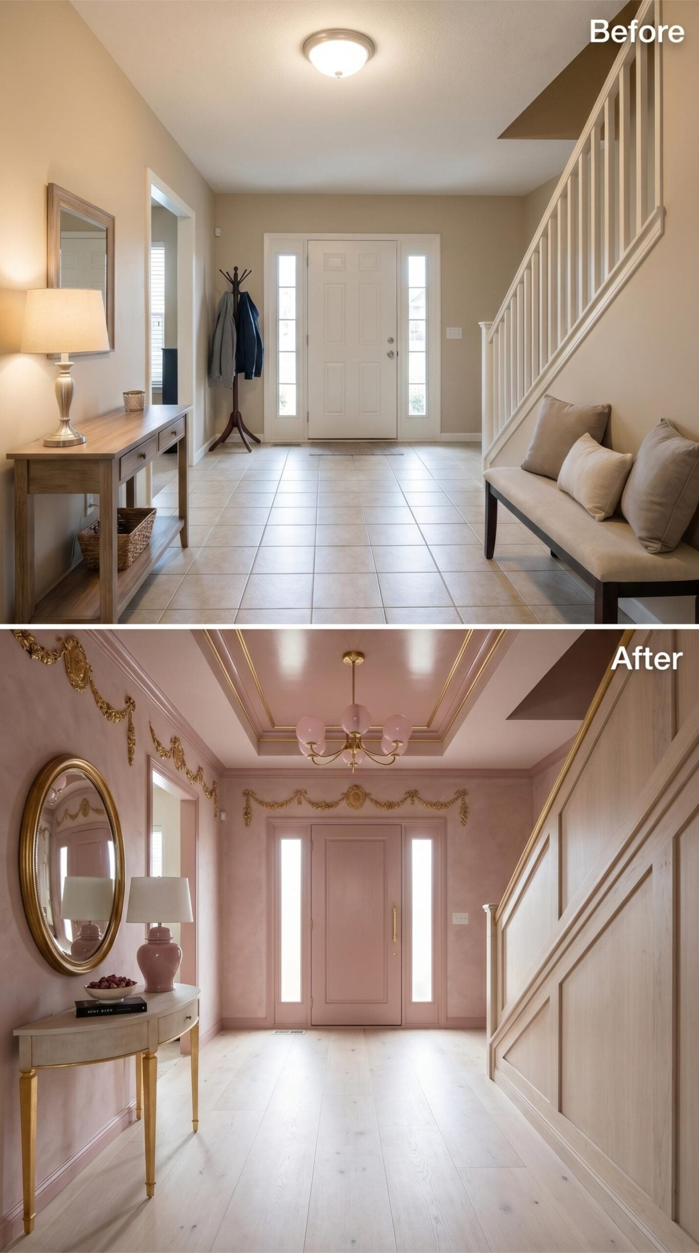 Pink Walls, Gold Garland Molding, and a Chandelier That Sets the Entire Tone