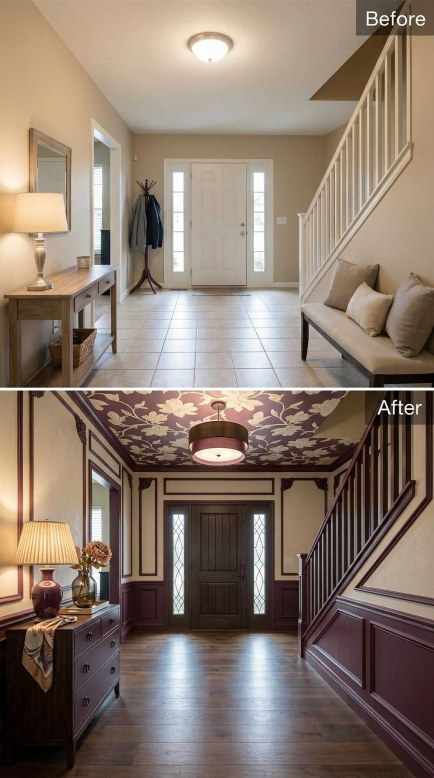 Plum Wainscoting, Floral Ceiling Wallpaper, and a Front Door That Finally Commits