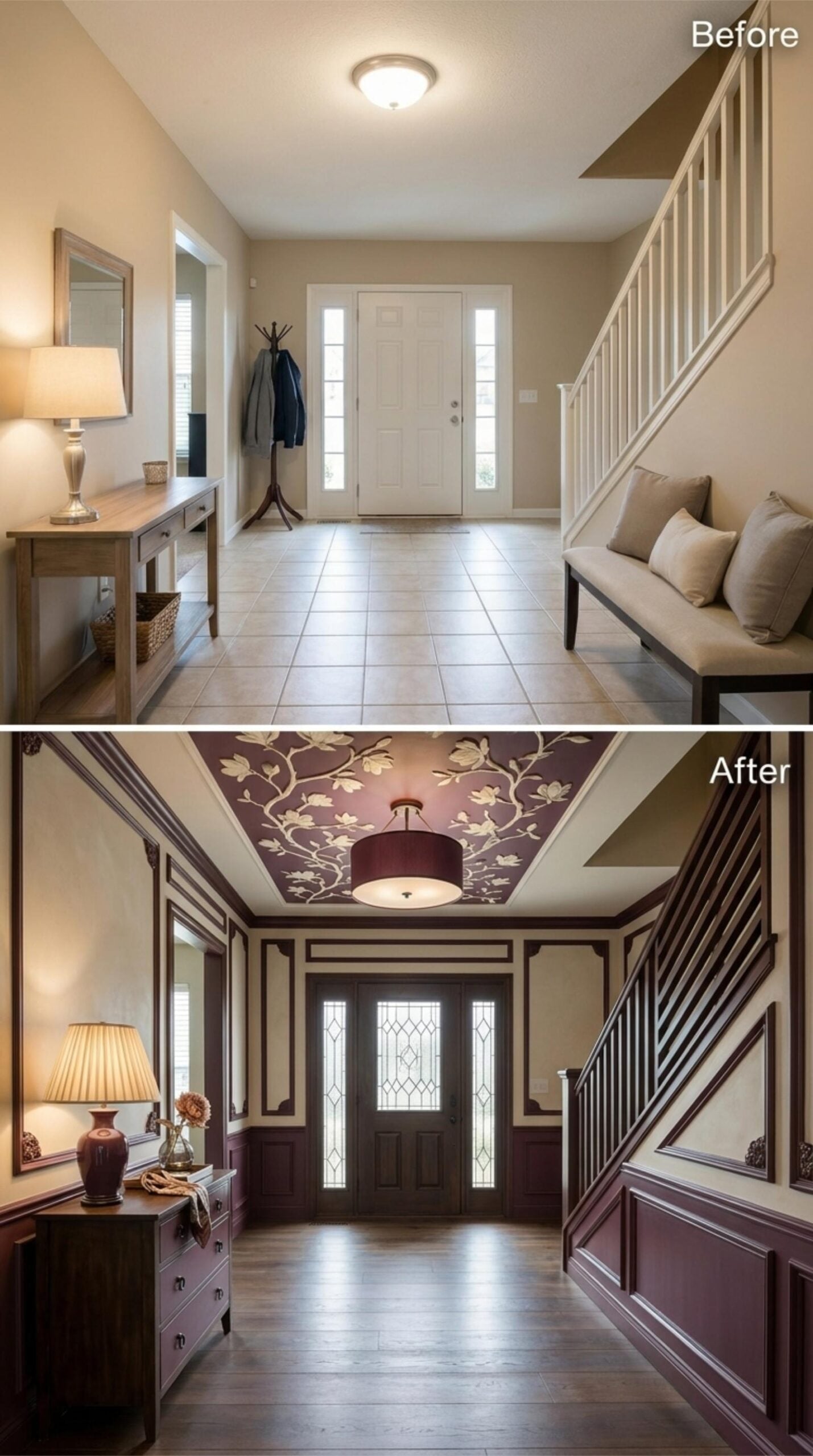 Plum Wainscoting, Floral Ceiling Wallpaper, and Molding That Finally Has Something to Say