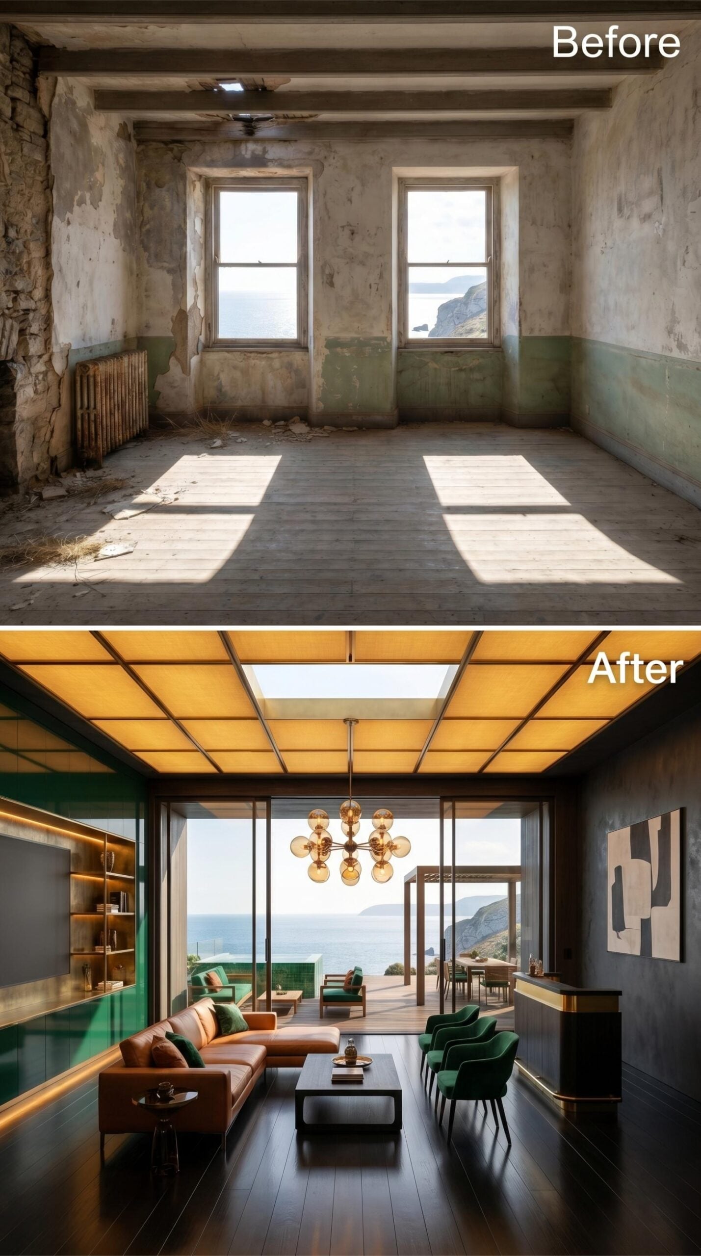 Backlit Amber Ceiling Panels, Cognac Leather, and Green Velvet Chairs That Face the Sea