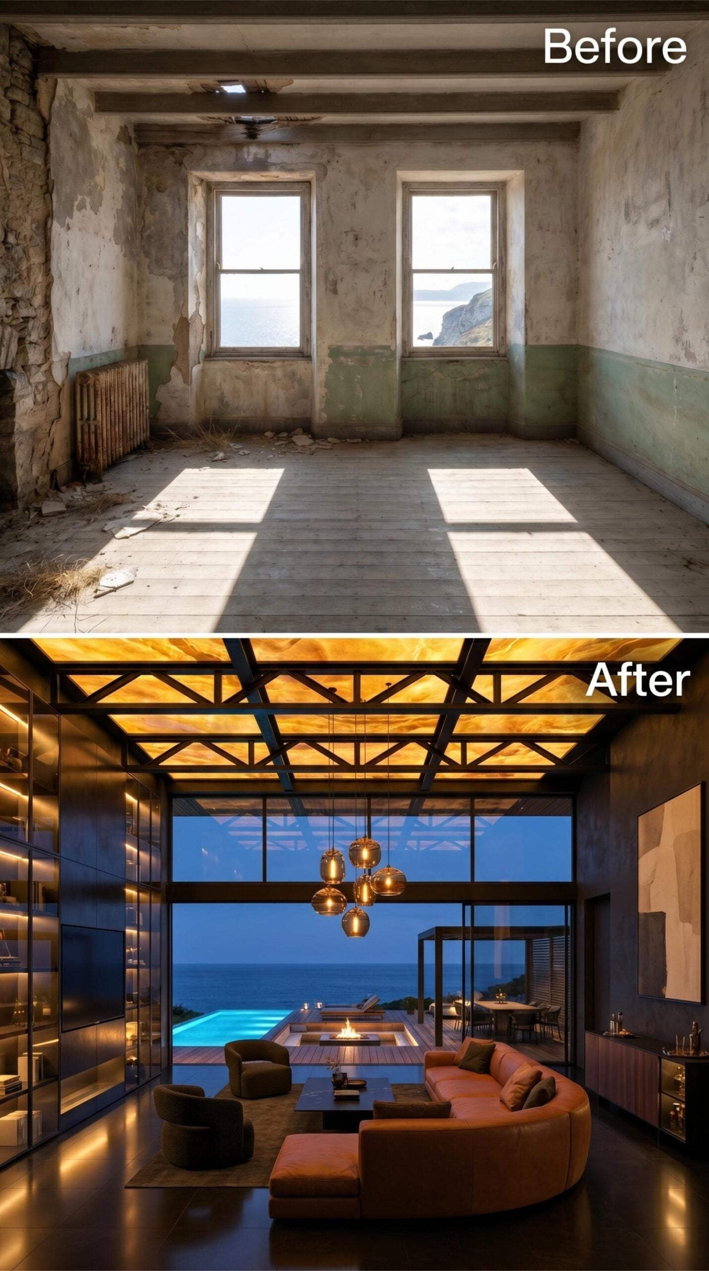 Backlit Onyx Trusses, Cognac Curves, and Floor-to-Ceiling Glass Facing the Sea at Dusk