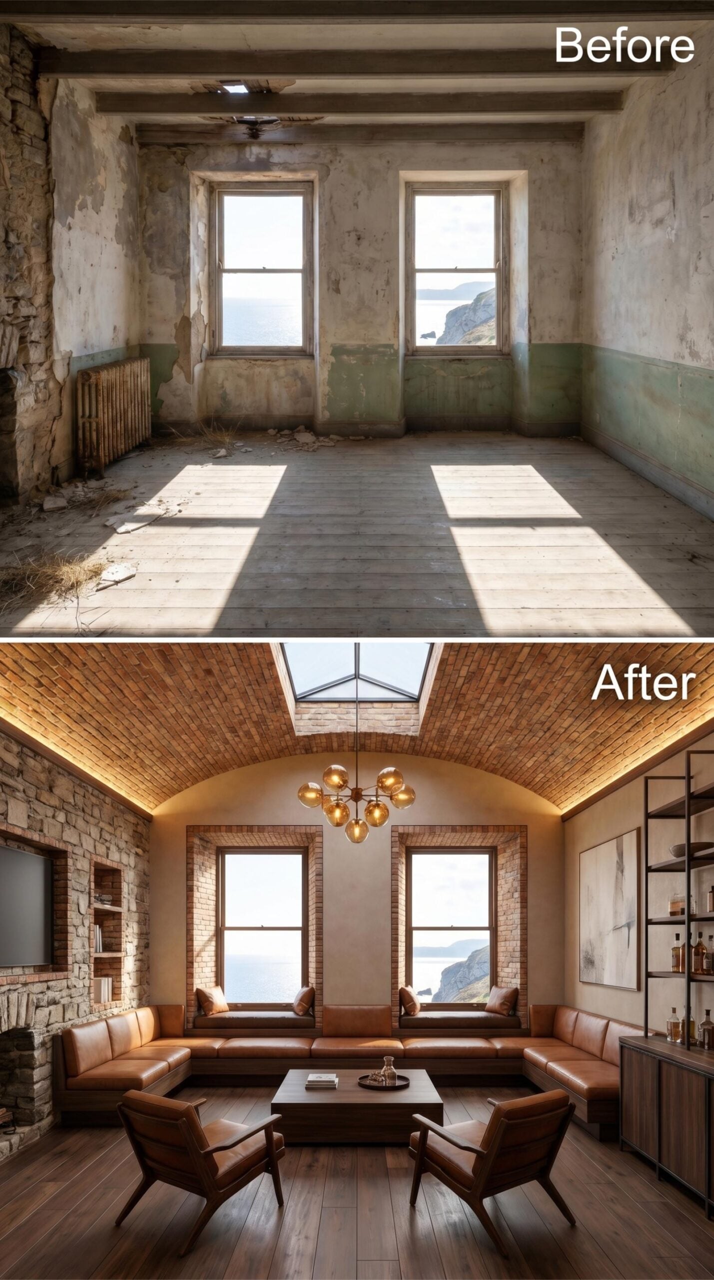 Barrel Vault Ceiling, Brick, and Cognac Leather Over a Clifftop View