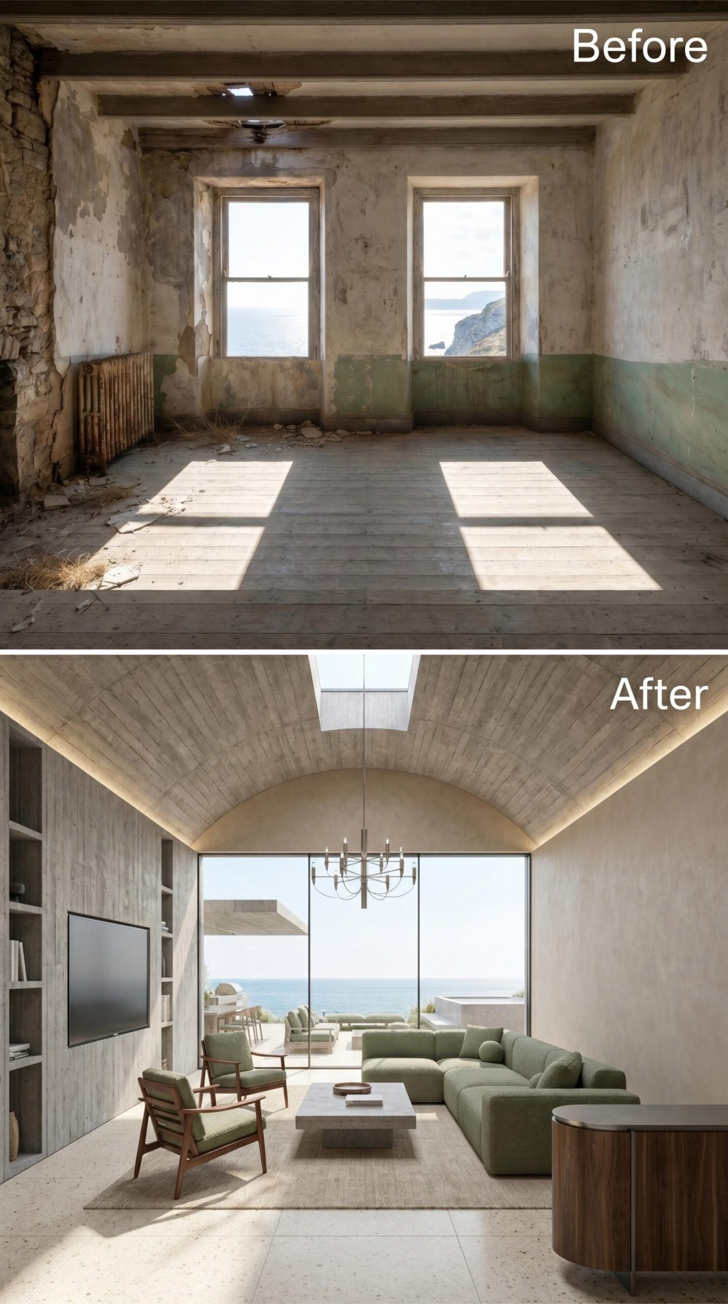 Barrel Vault Concrete, Sage Sectional, and a Glass Wall That Hands the Room to the Sea
