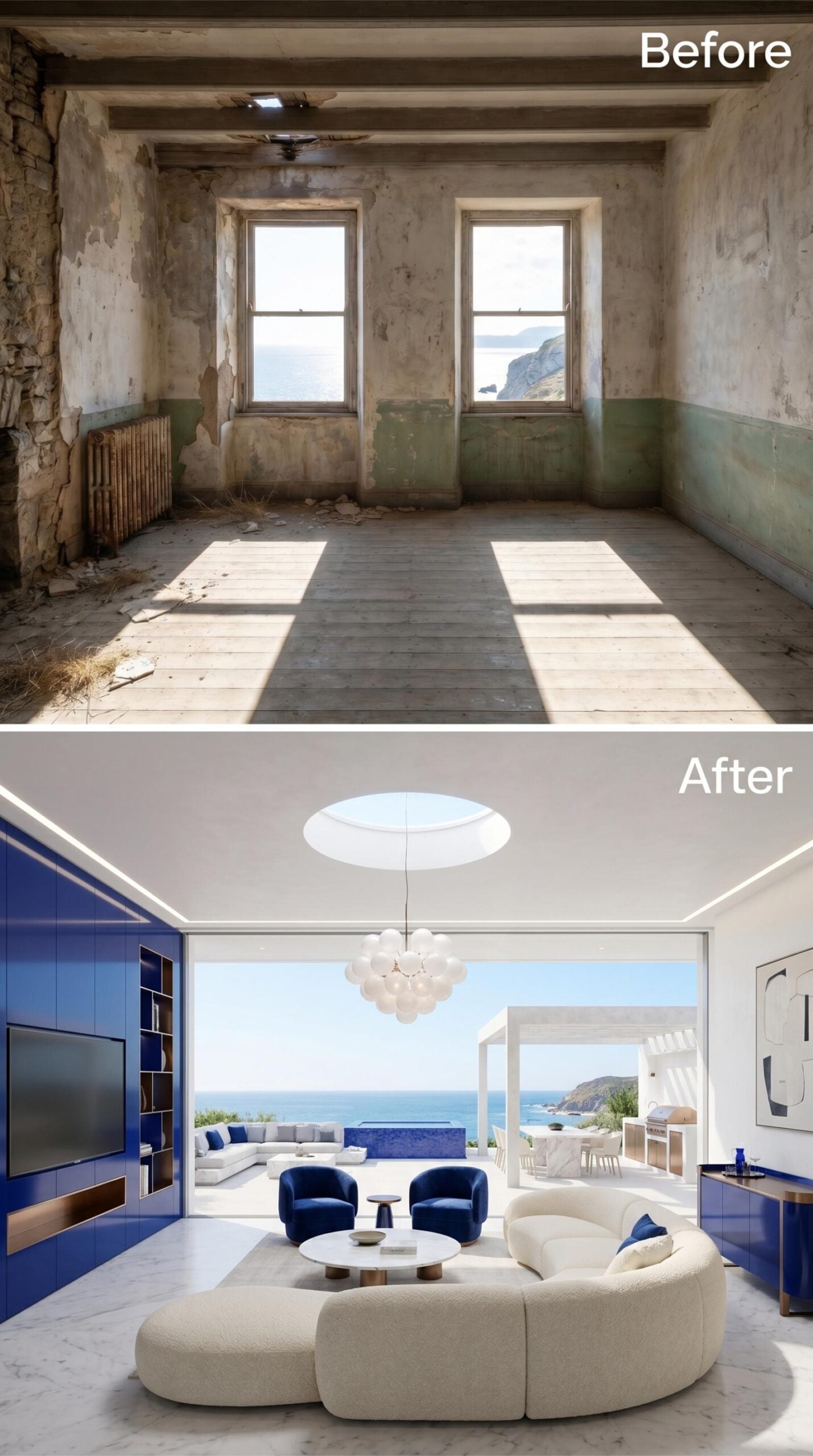 Cobalt Built-Ins, Circular Skylight, and an Open Wall Facing the Cliff