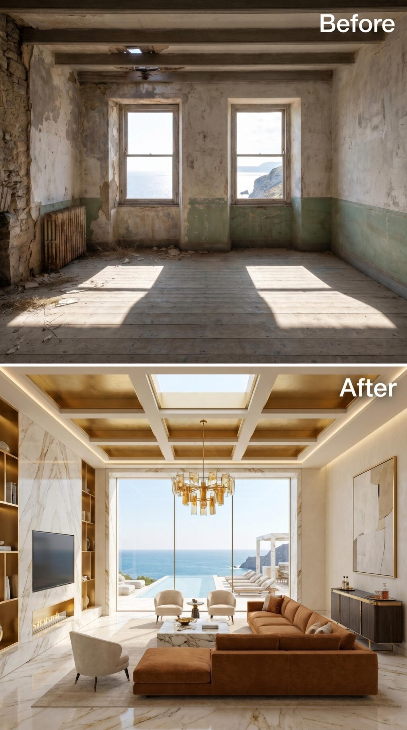 Coffered Ceiling in Gold and Cream, Marble Floors, and One Wall of Sea