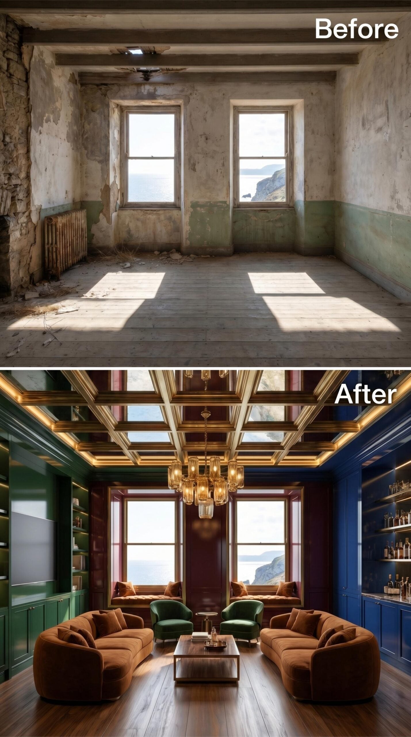 Coffered Gold Ceiling, Jewel-Tone Walls, and Velvet That Owns the Ocean View