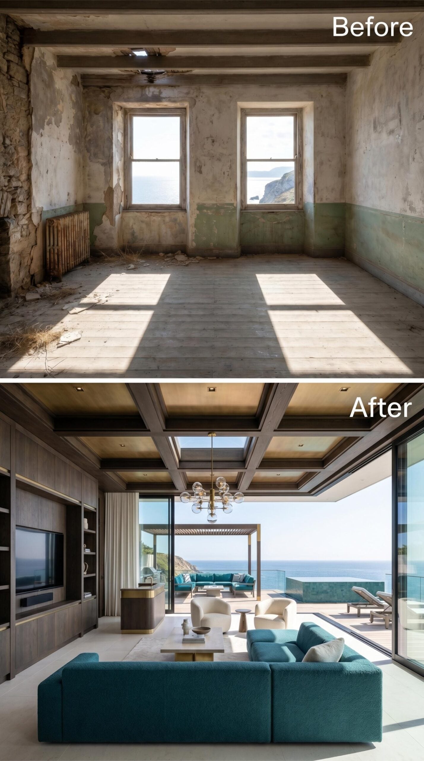 Coffered Wood Ceiling, Teal Velvet, and Glass Walls That Open to the Cliff's Edge