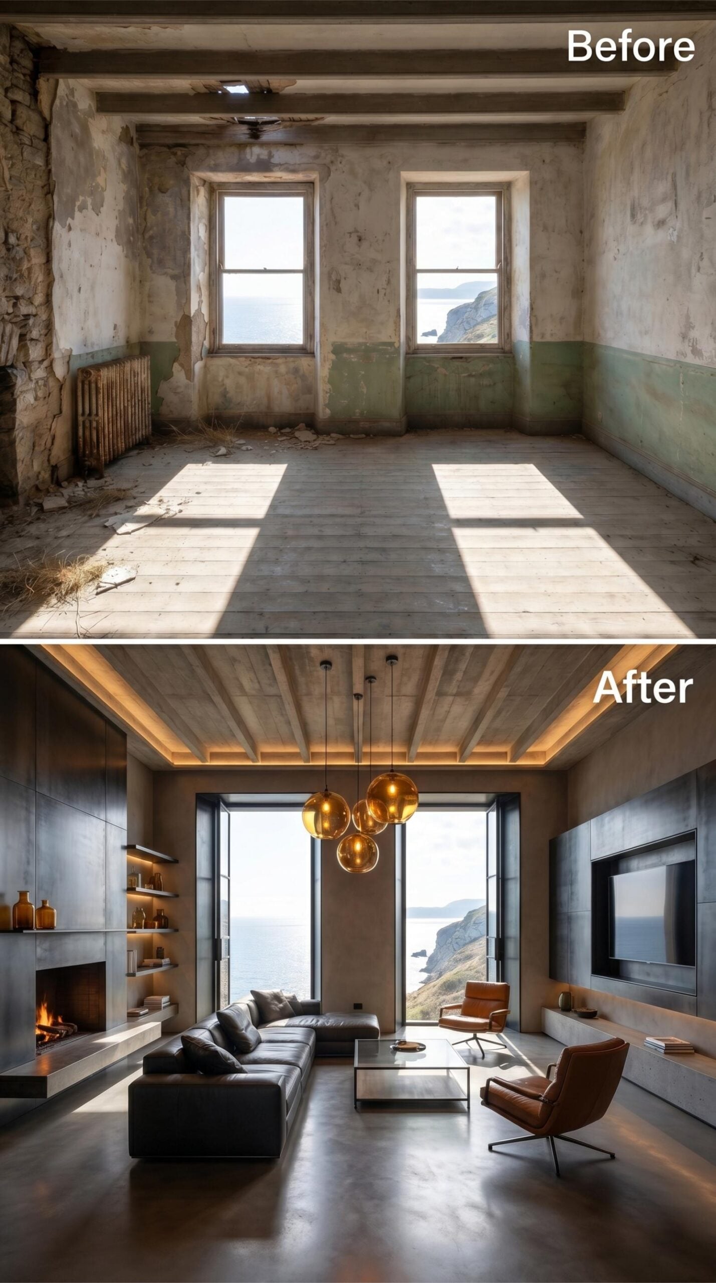 Concrete Walls, Globe Pendants, and Cognac Leather Anchored Against the Cliff