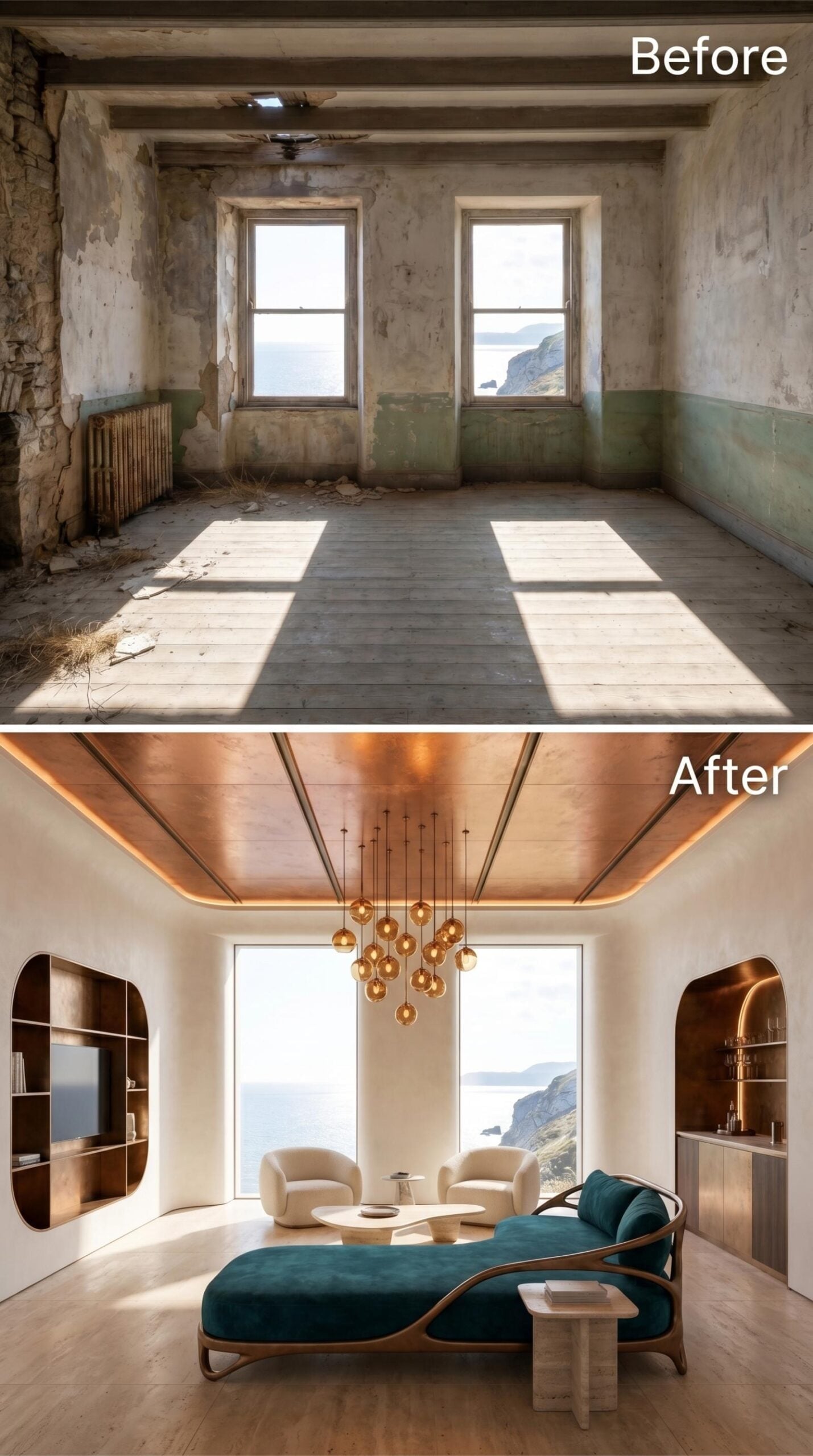 Copper Ceiling, Pendant Cluster, and Teal Velvet Pulled Toward the Cliff View