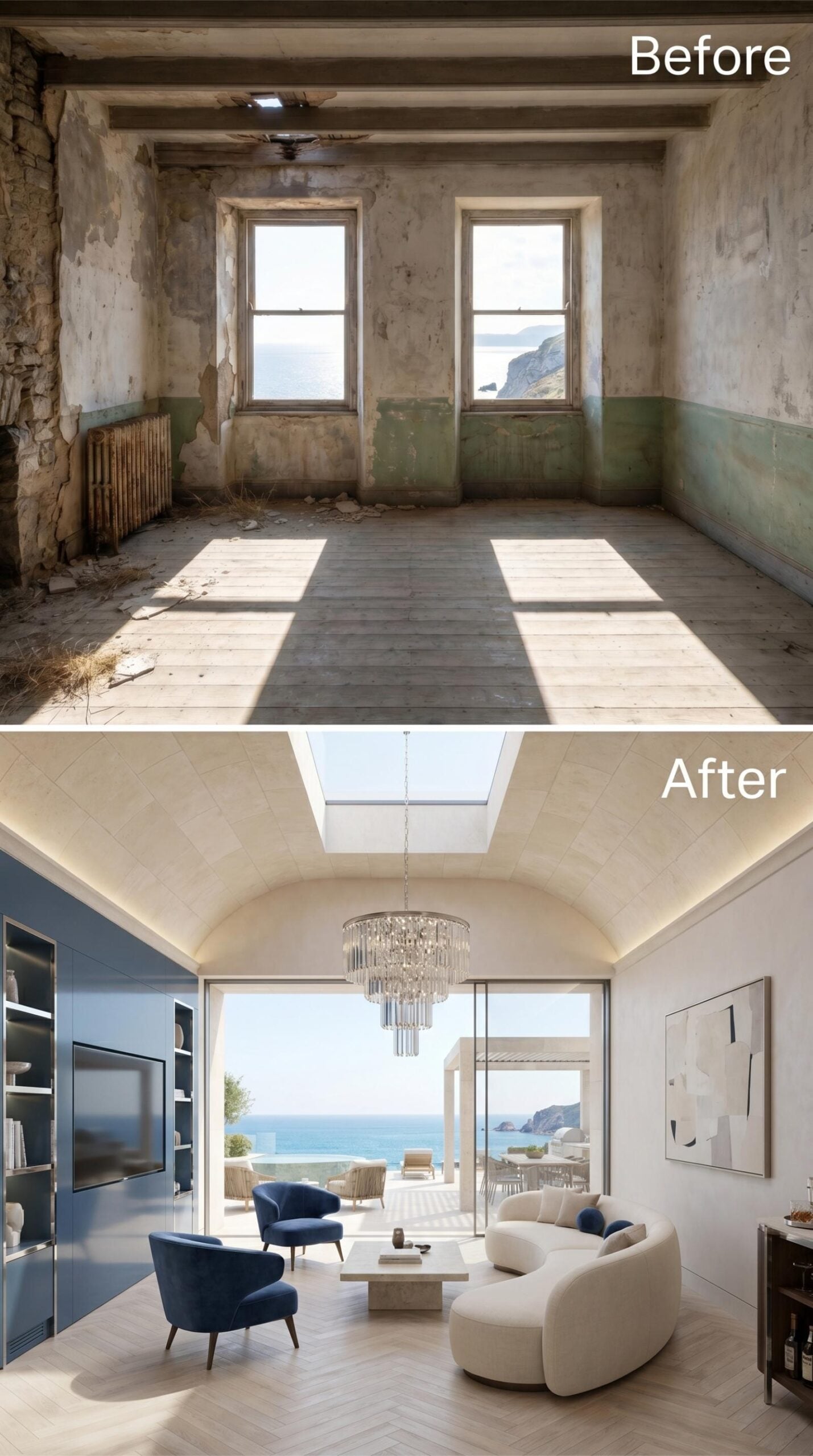 Crystal Chandelier, Barrel Vault Skylight, and Blue Velvet Anchored Against the Sea