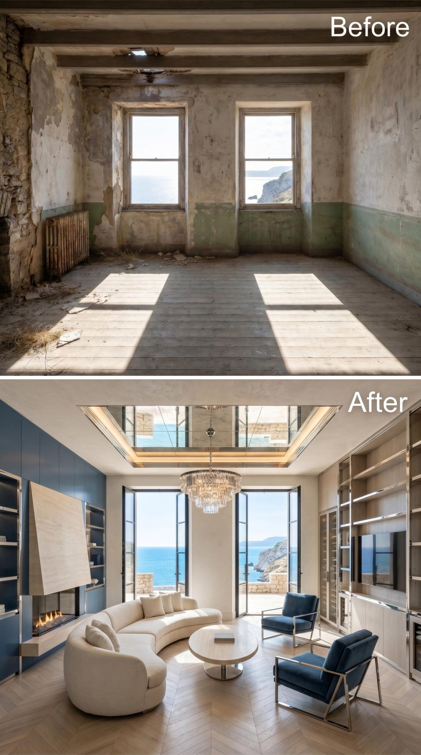 Crystal Chandelier, Steel Blue Walls, and a Skylight Cut Right Into the Cliff View