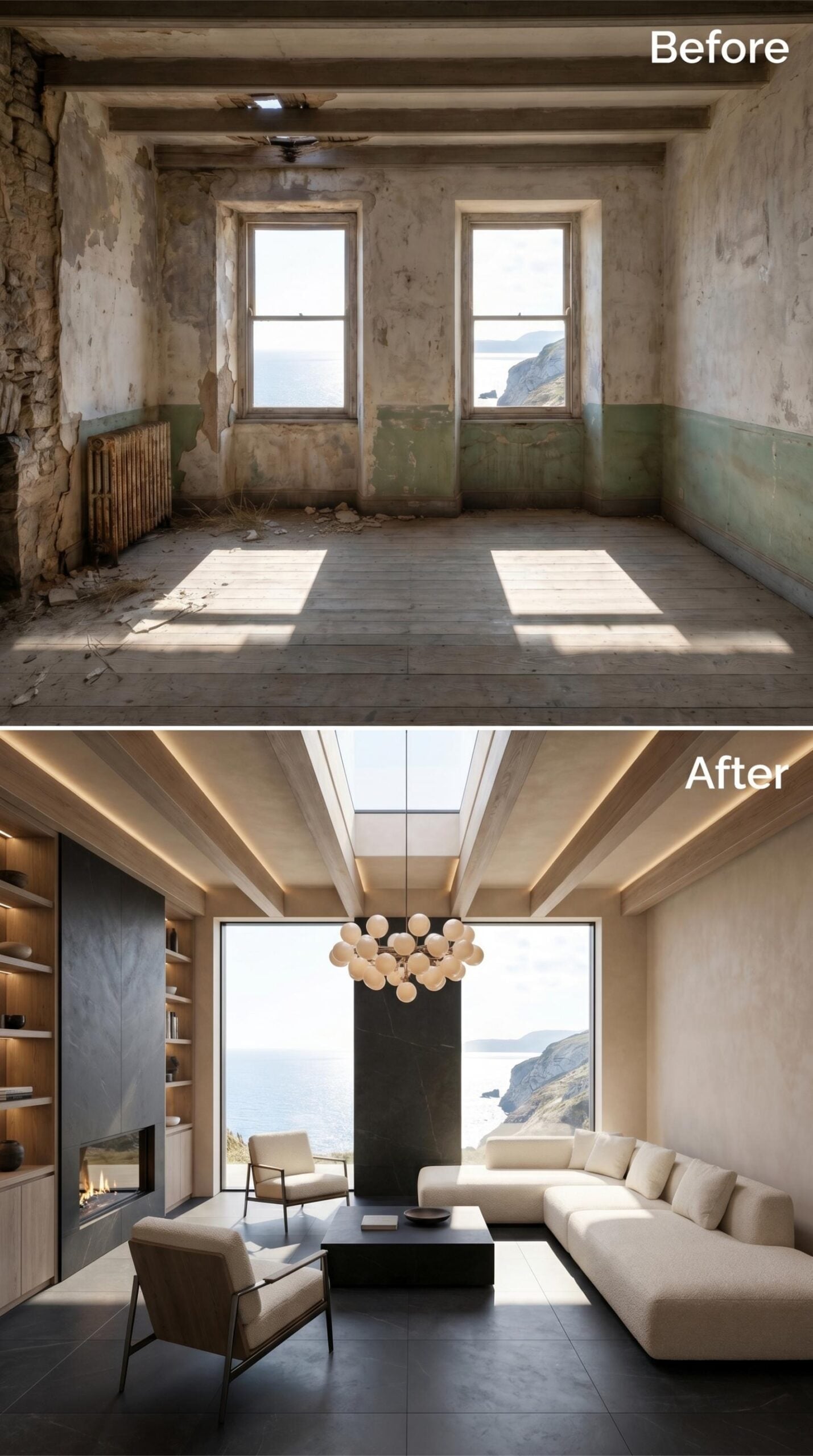 Exposed Beams, Globe Chandelier, and Dark Stone Anchoring a Cream Sectional Toward the Cliff