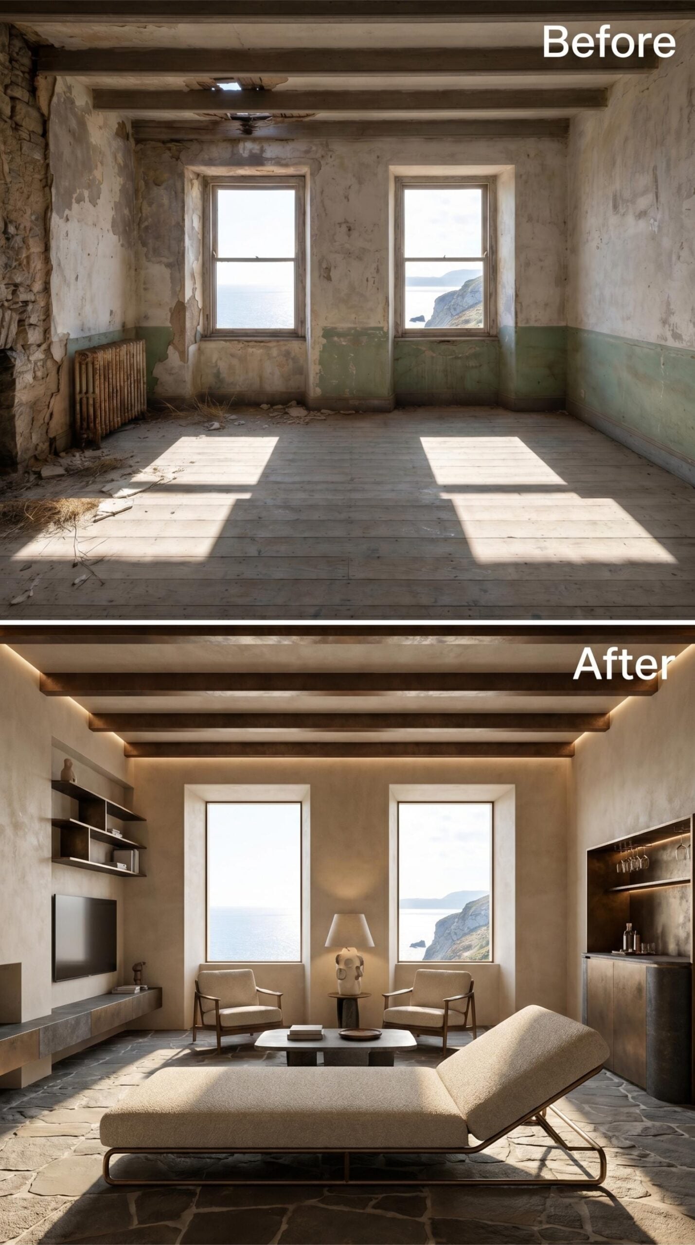 Exposed Ceiling Beams, Limewashed Plaster, and Boucle That Earns the Coastal View