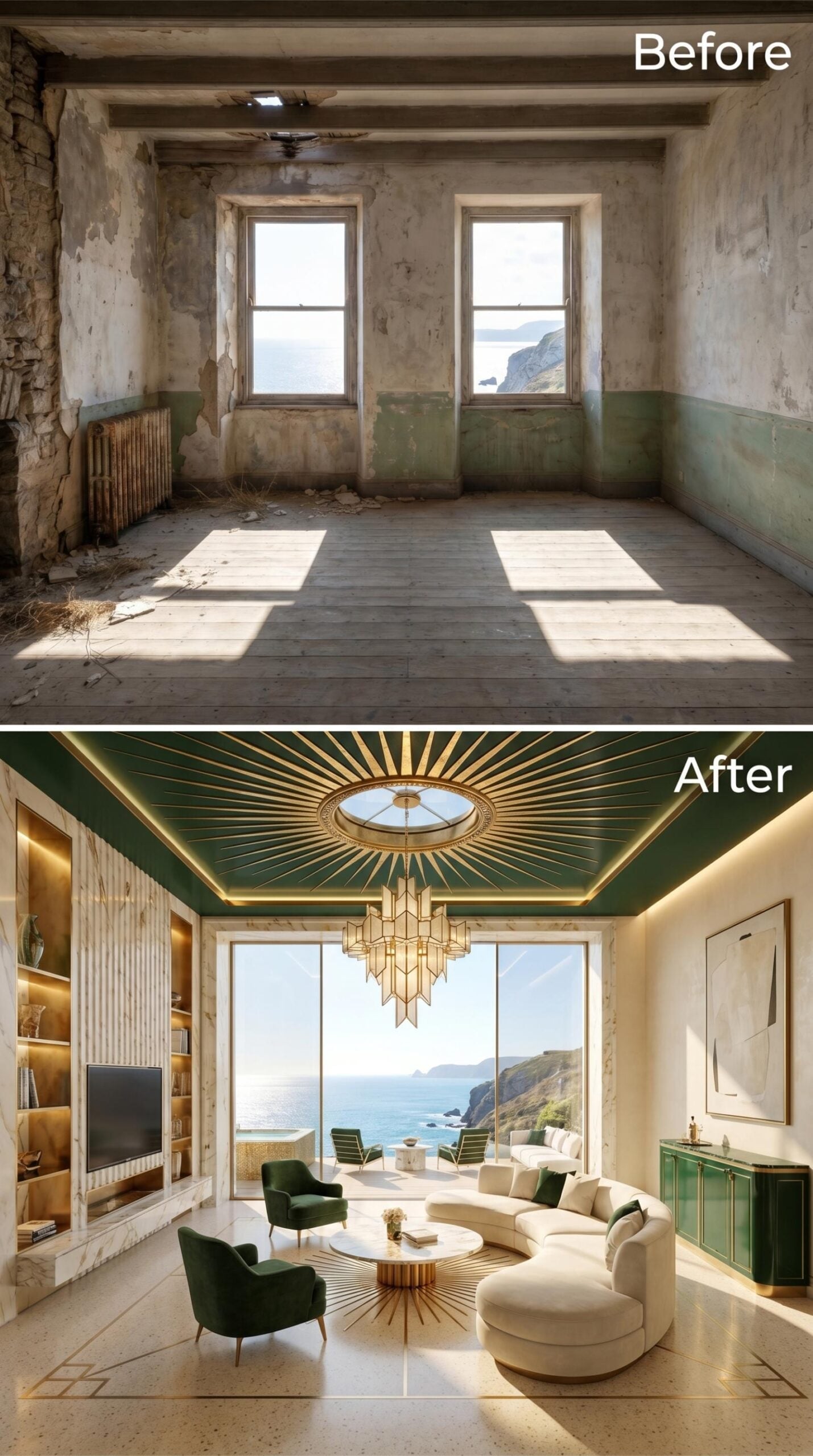 Gold Sunburst Ceiling, Deep Emerald, and a Clifftop View Framed in Glass