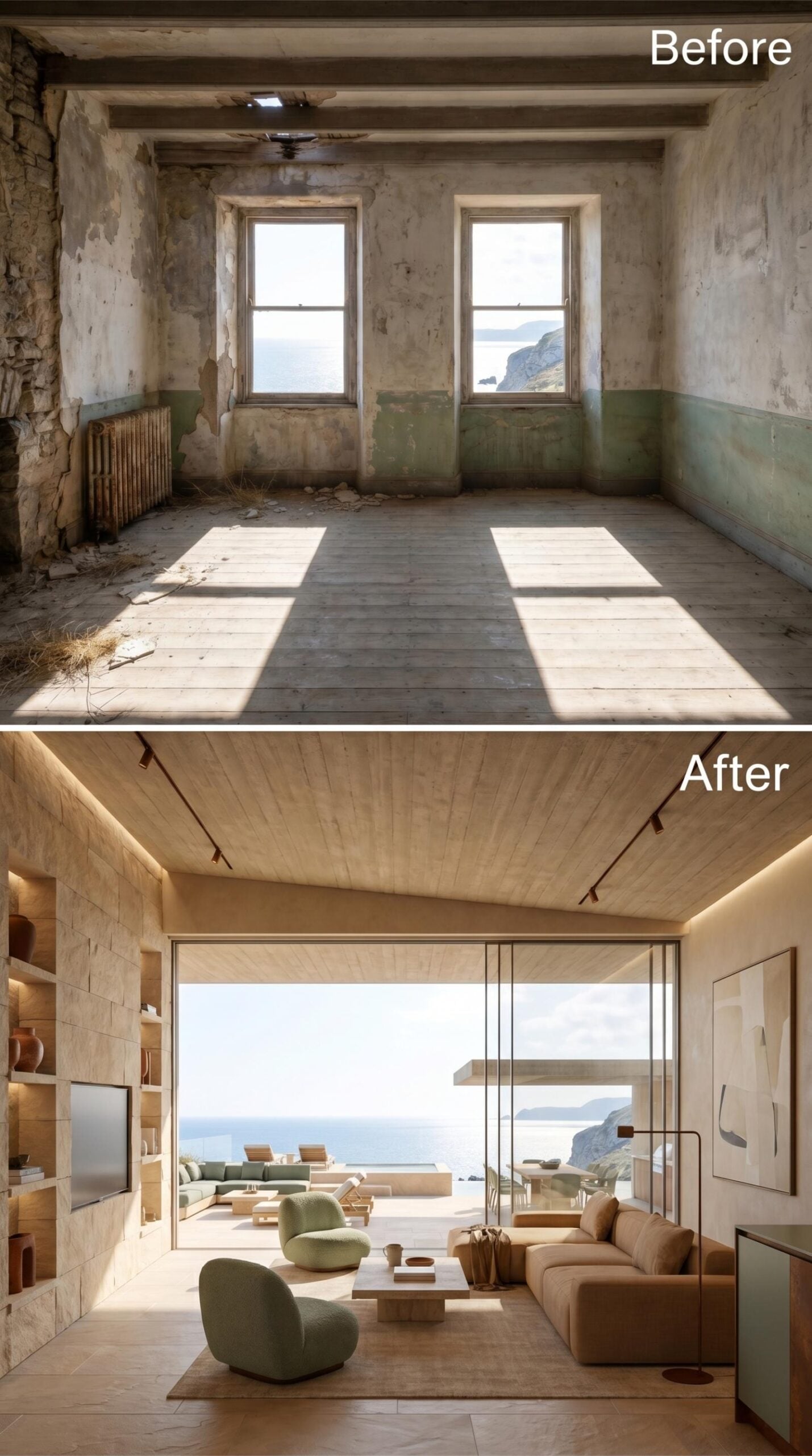 Limestone Walls, Floor-to-Ceiling Glass, and a Sloped Ceiling That Pulls Light Toward the Sea