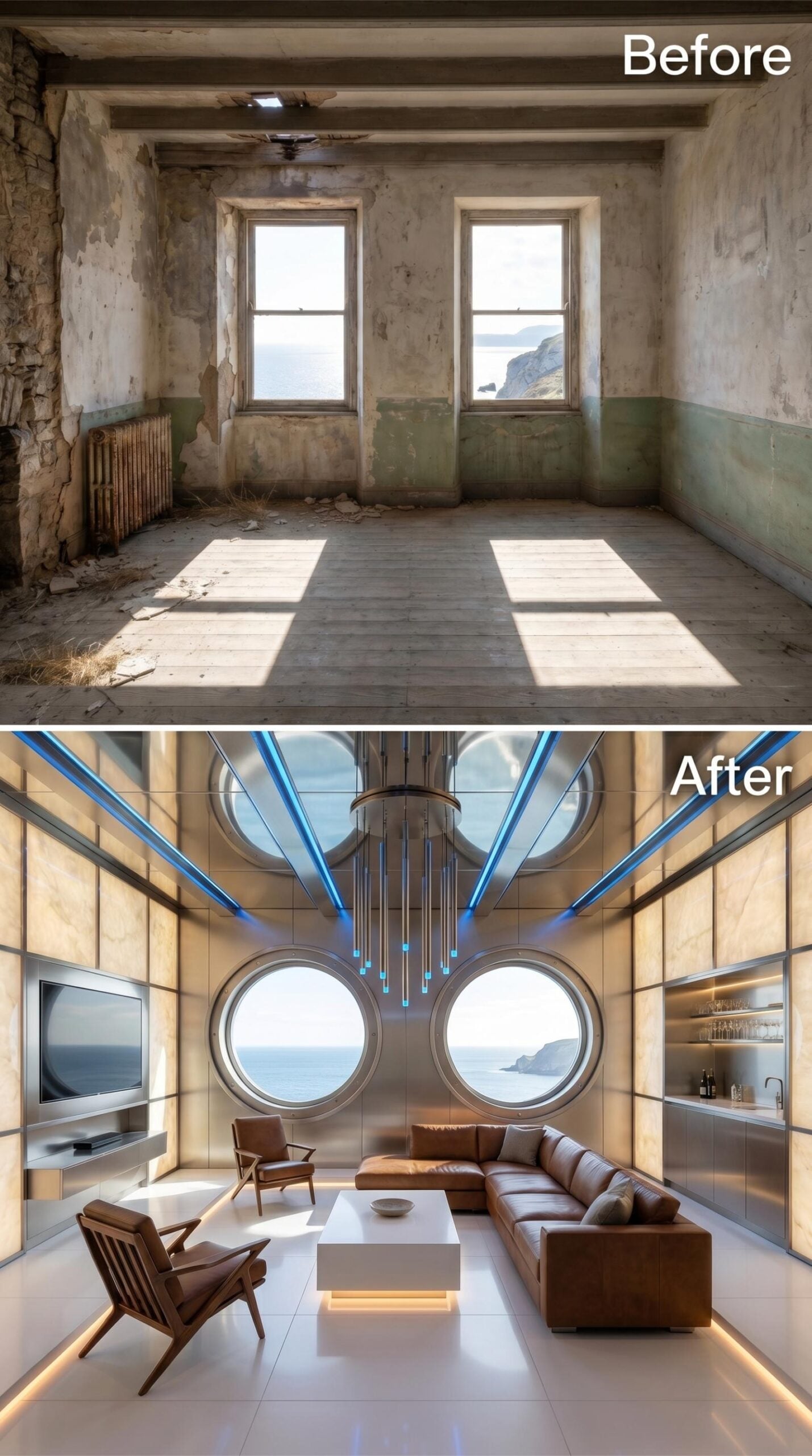 Porthole Windows, Blue Neon Ribs, and Leather Floating Above White Tile