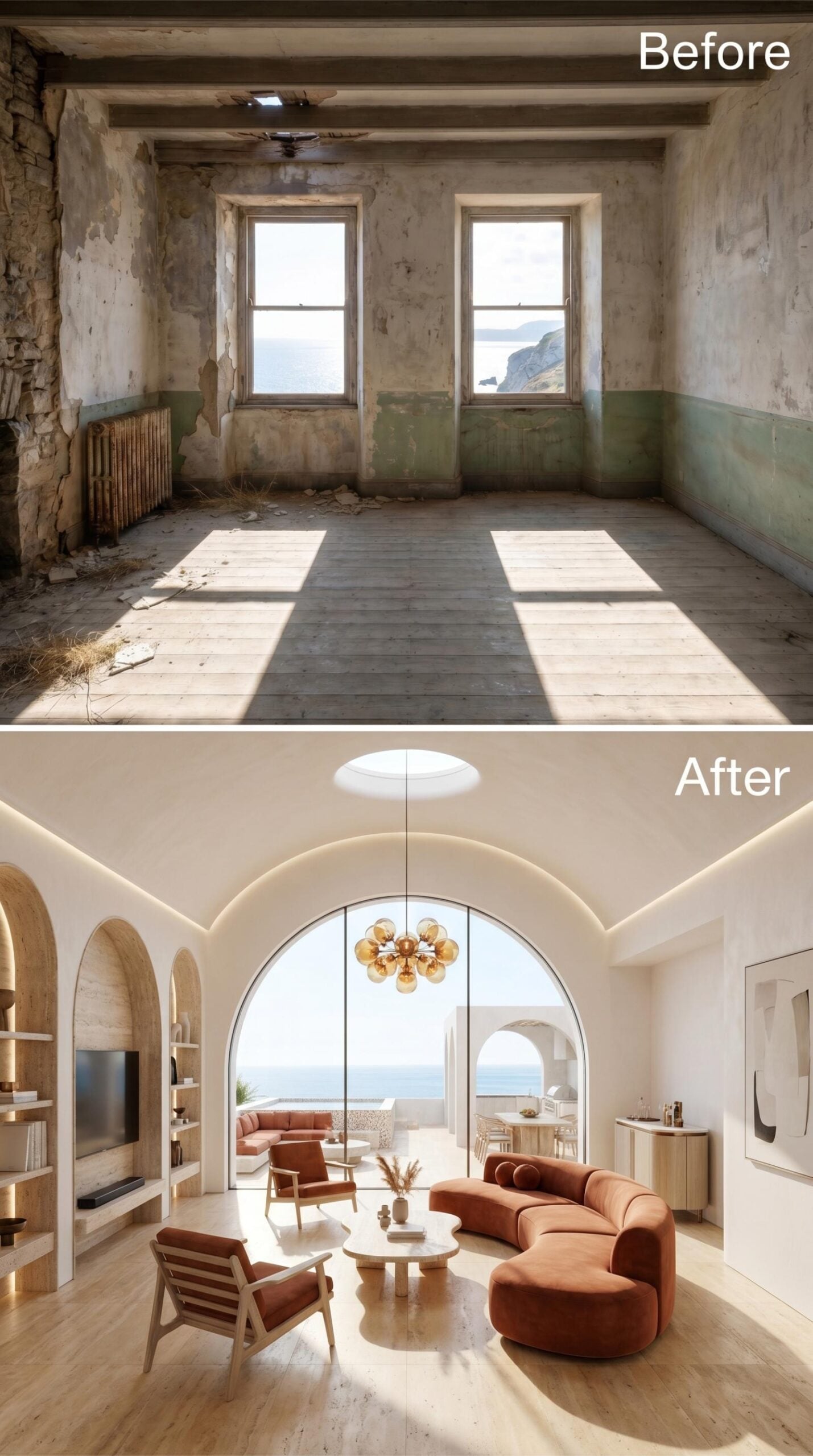 Rounded Arches, Terracotta Velvet, and a Skylight Pulled Over the Sea View